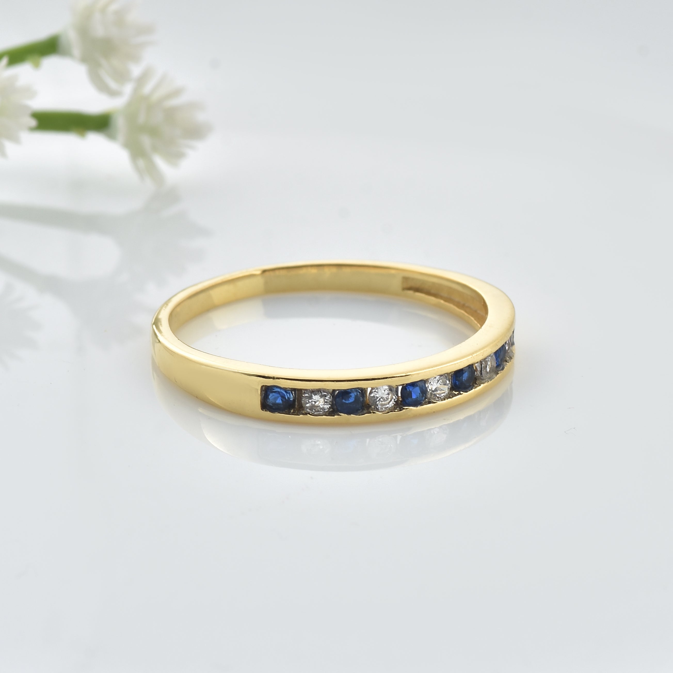 0.03 Ct Round Blue Sapphire Eternity Band Ring 925 Sterling Silver Yellow Plated