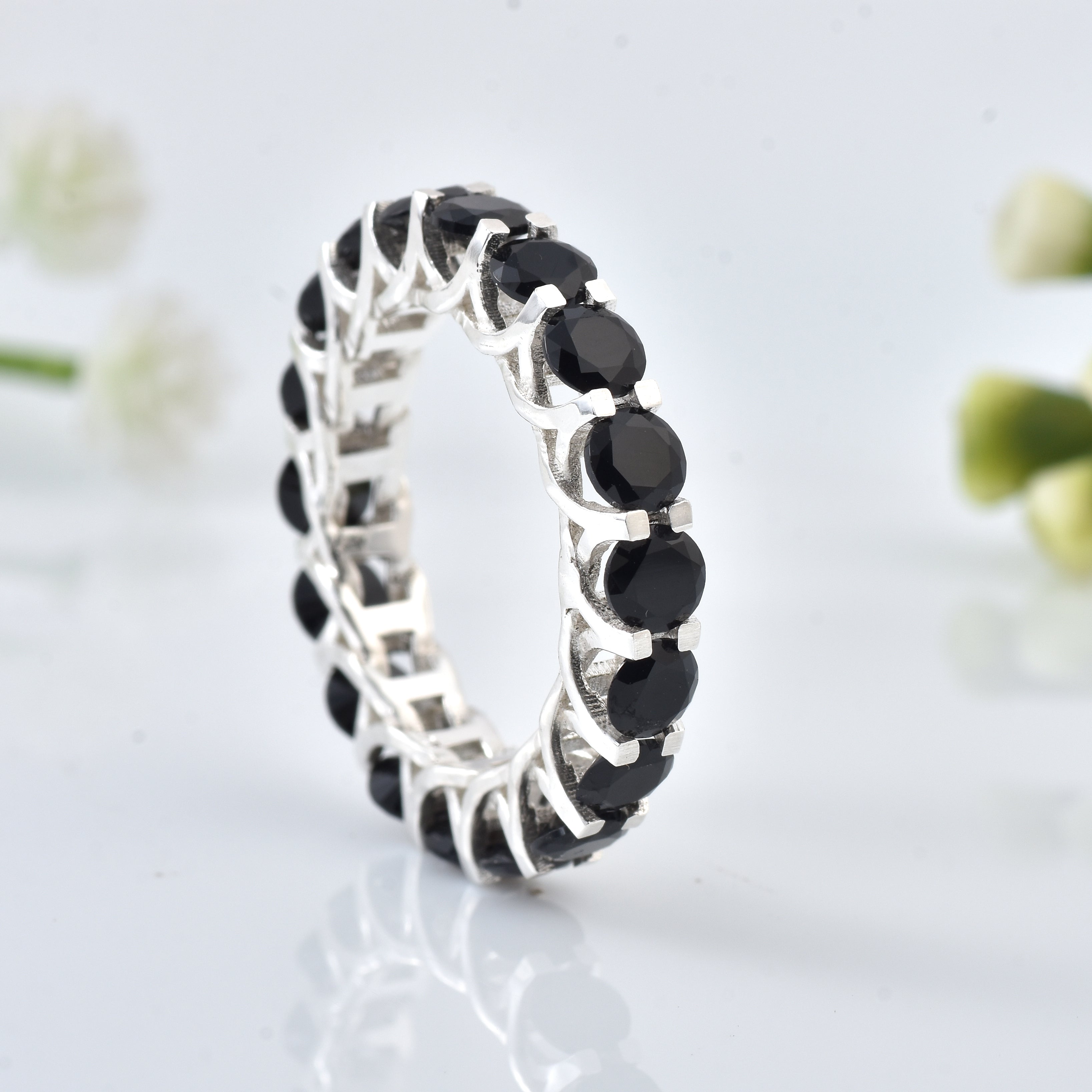 4.5 Ct Round Cut Black Spinel Eternity Band Ring 925 Sterling Silver