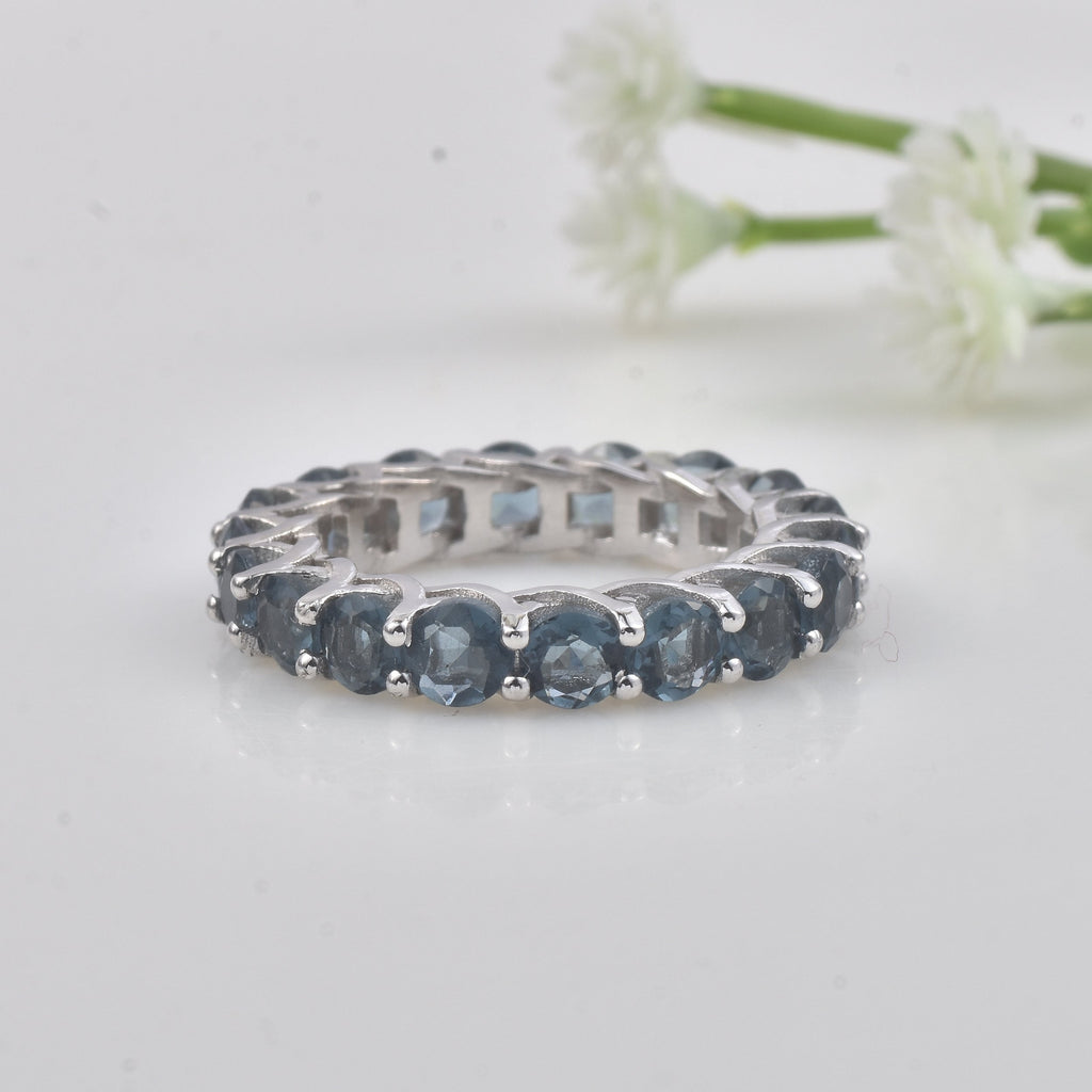 4.5 Carat Round Cut London Blue Topaz Eternity Band Ring 925 Sterling Silver