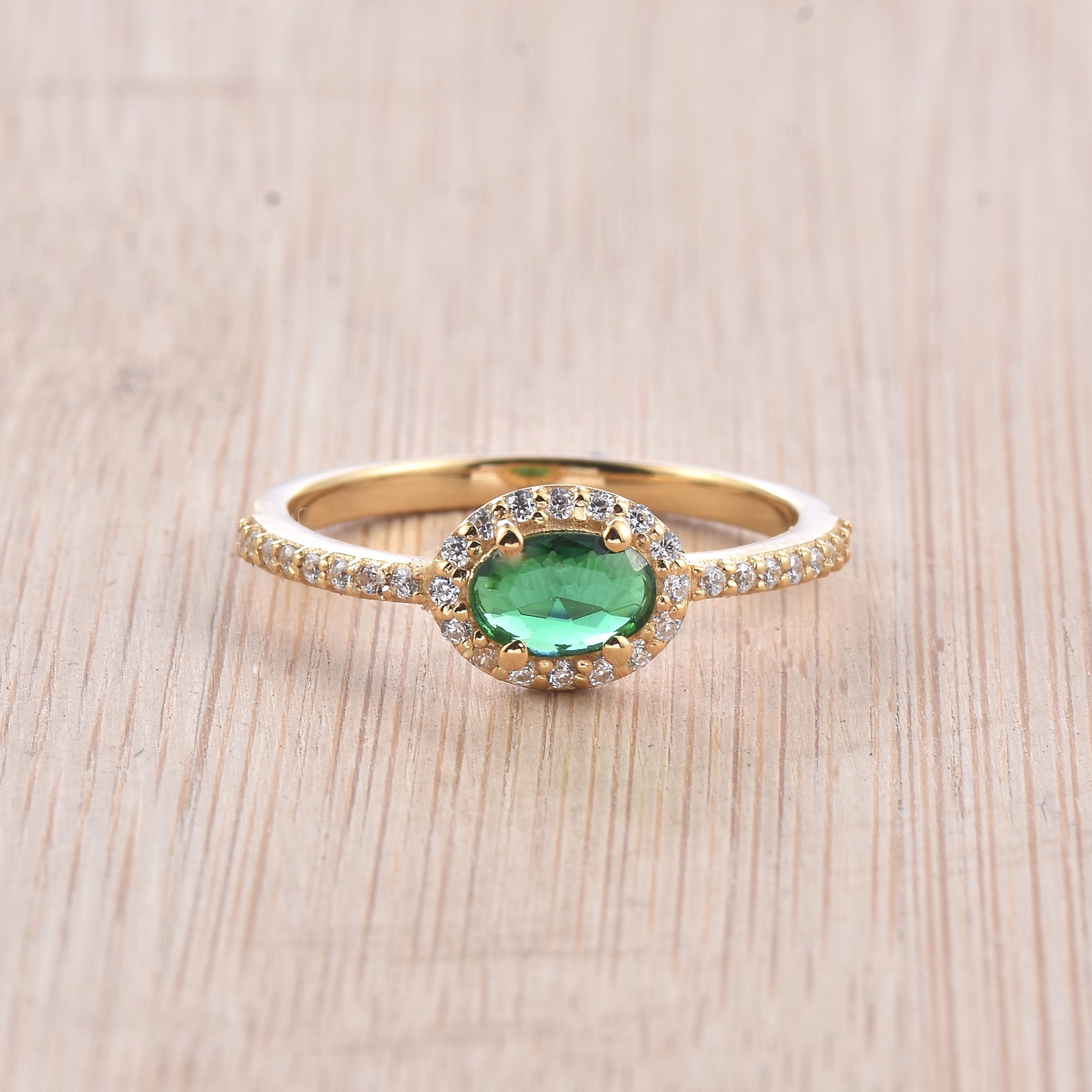 0.50 Ct Oval Emerald Halo Ring 925 Sterling Silver Yellow Plated