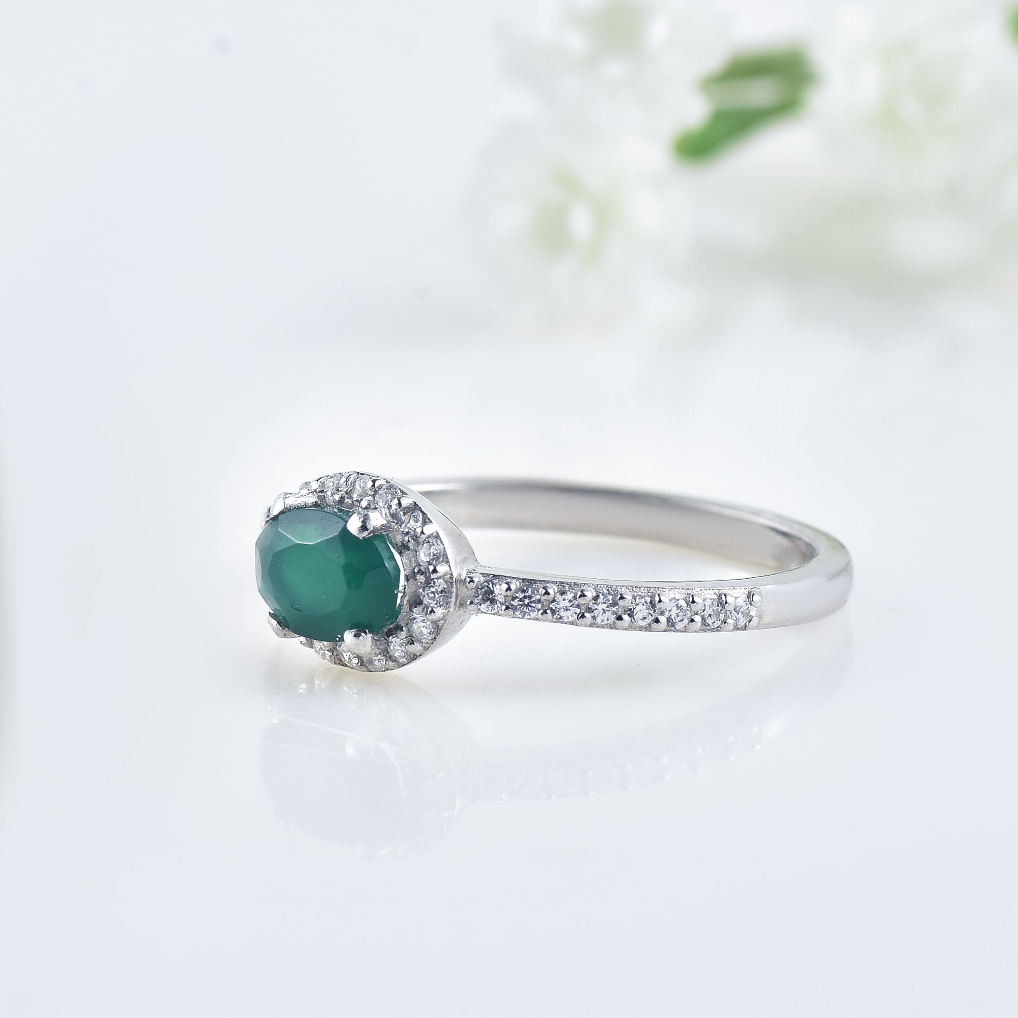 0.50 Ct Oval Green Onyx Halo Ring 925 Sterling Silver