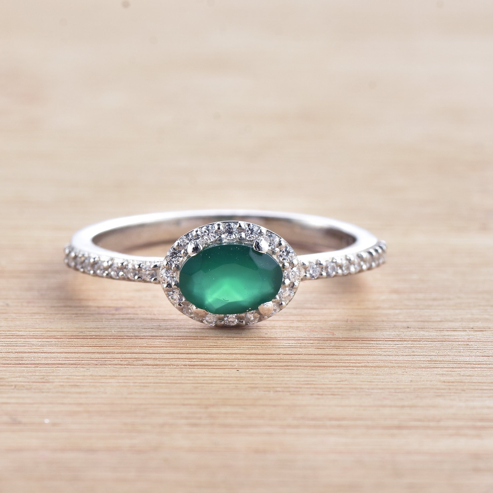 0.50 Ct Oval Green Onyx Halo Ring 925 Sterling Silver