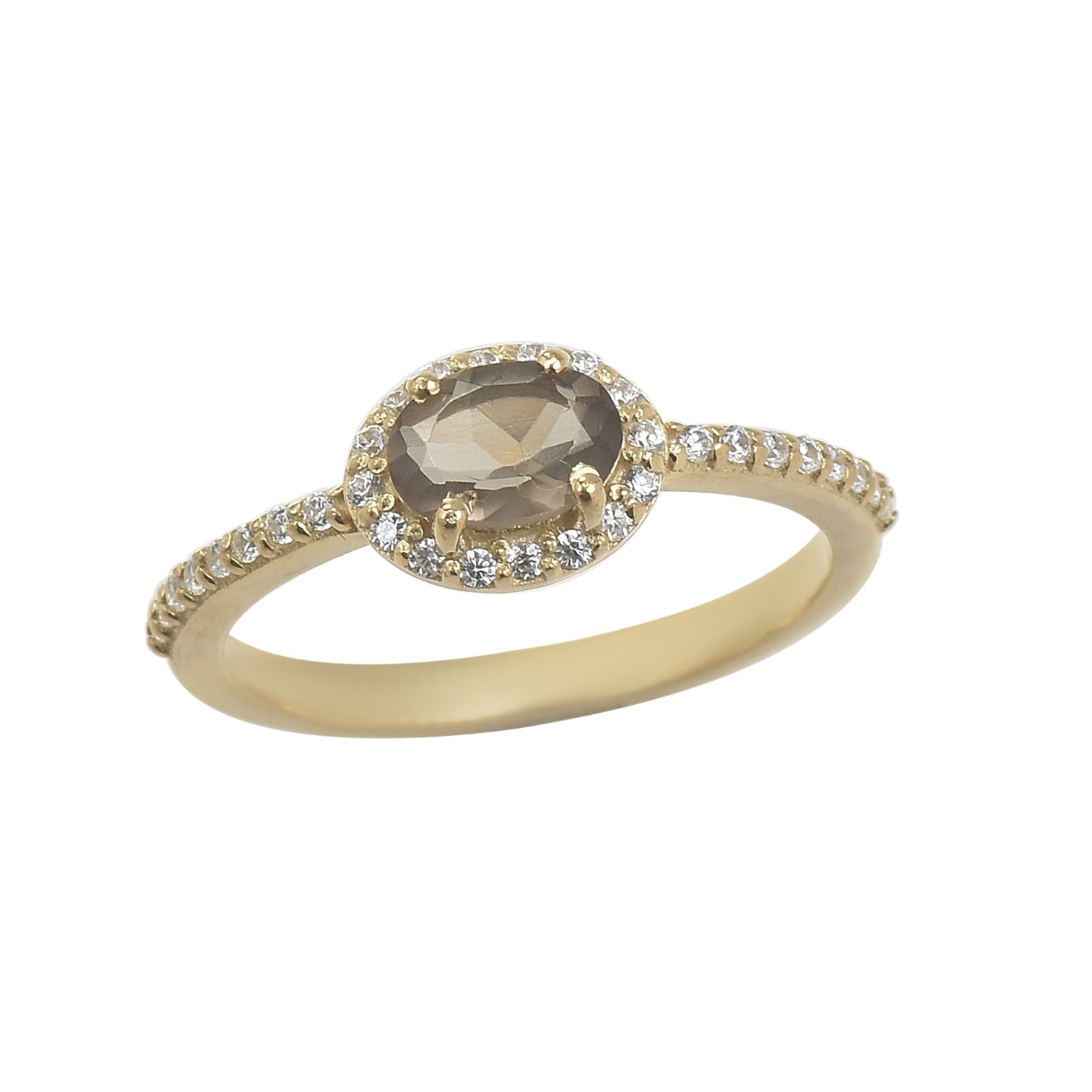 0.50 Ct 6×4 mm Oval Smoky Quartz Halo Ring 925 Sterling Silver Yellow Plated