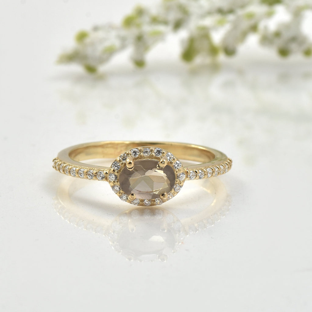 0.50 Ct 6×4 mm Oval Smoky Quartz Halo Ring 925 Sterling Silver Yellow Plated