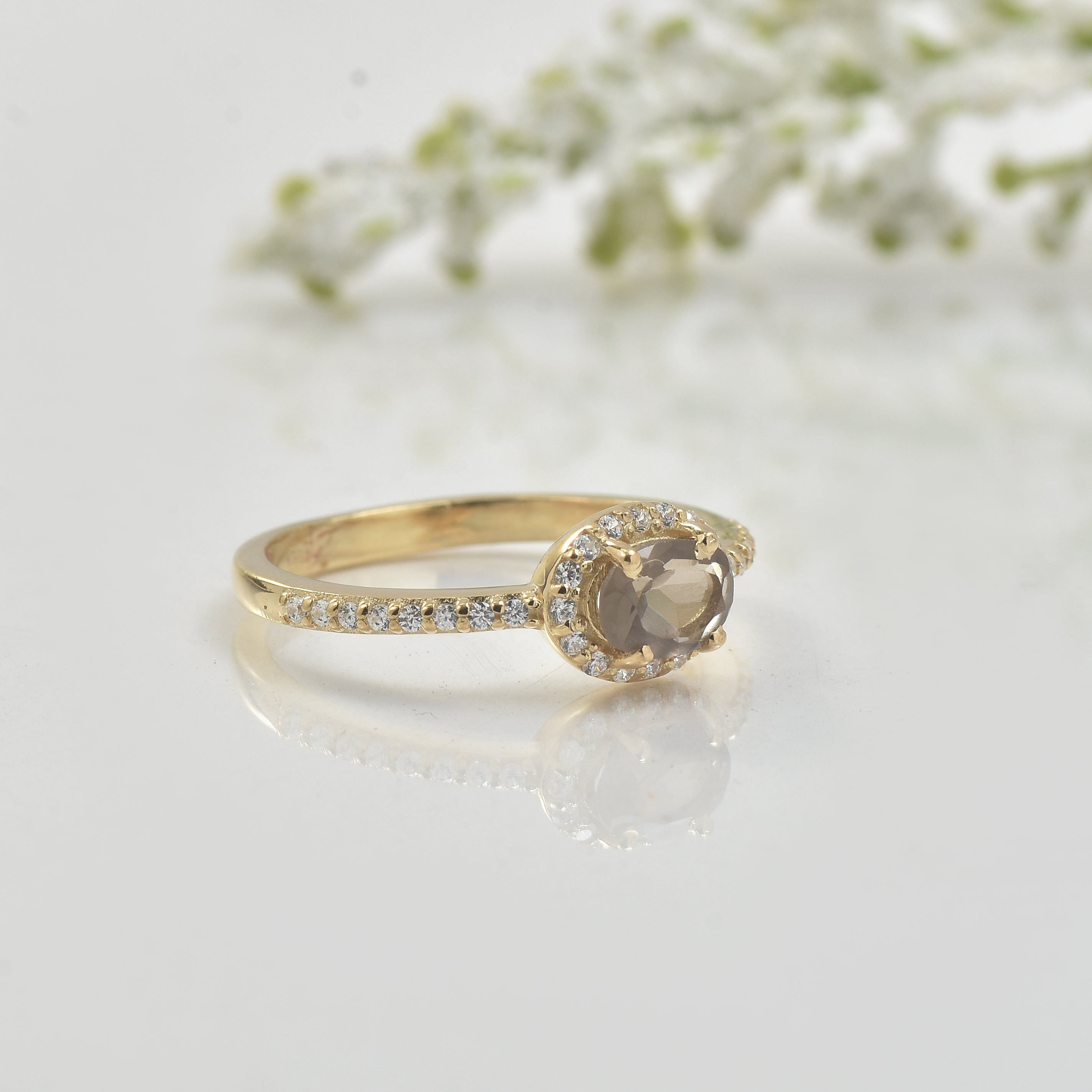 0.50 Ct 6×4 mm Oval Smoky Quartz Halo Ring 925 Sterling Silver Yellow Plated