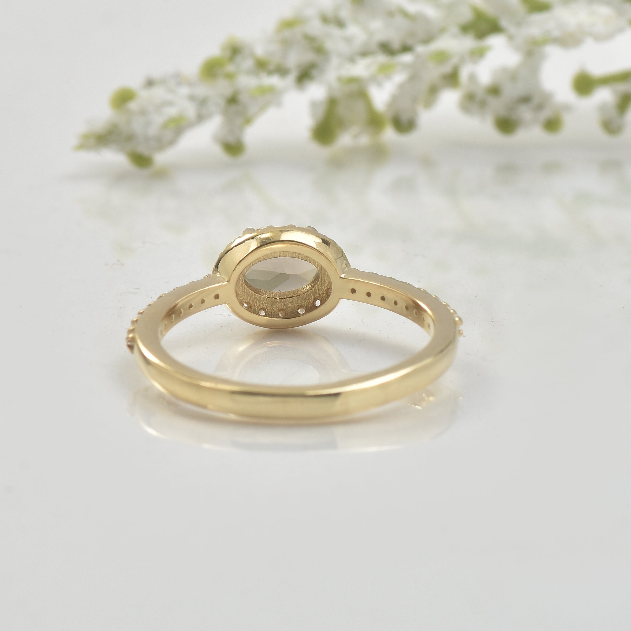 0.50 Ct 6×4 mm Oval Smoky Quartz Halo Ring 925 Sterling Silver Yellow Plated