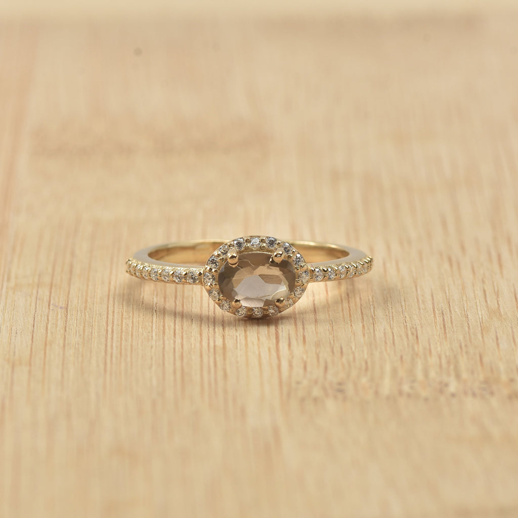0.50 Ct 6×4 mm Oval Smoky Quartz Halo Ring 925 Sterling Silver Yellow Plated