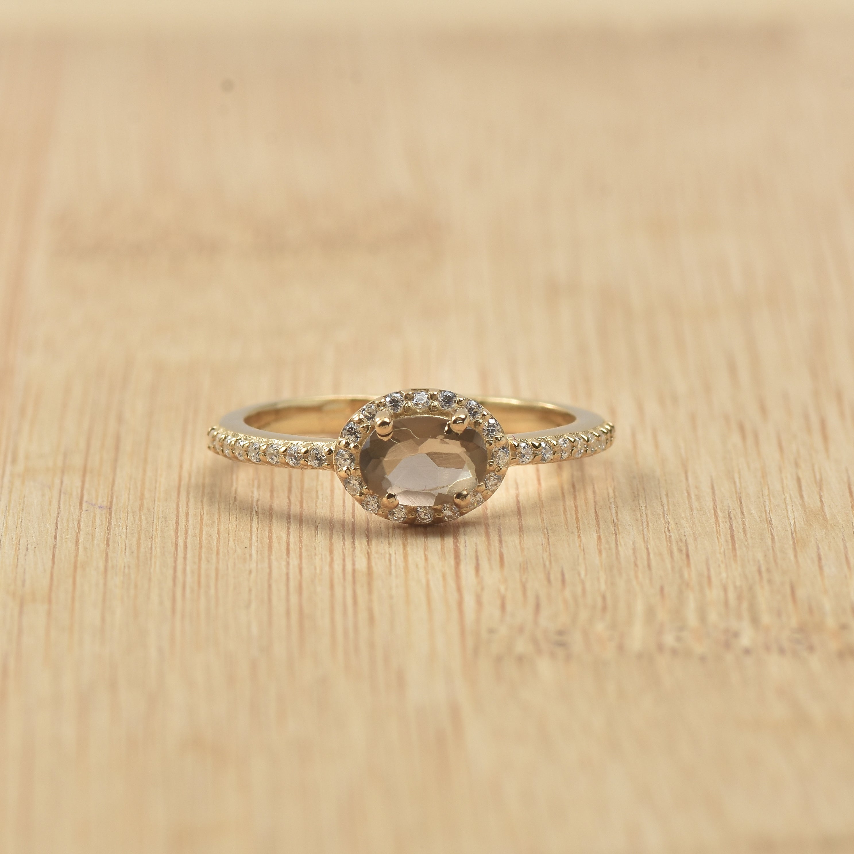 0.50 Ct 6×4 mm Oval Smoky Quartz Halo Ring 925 Sterling Silver Yellow Plated