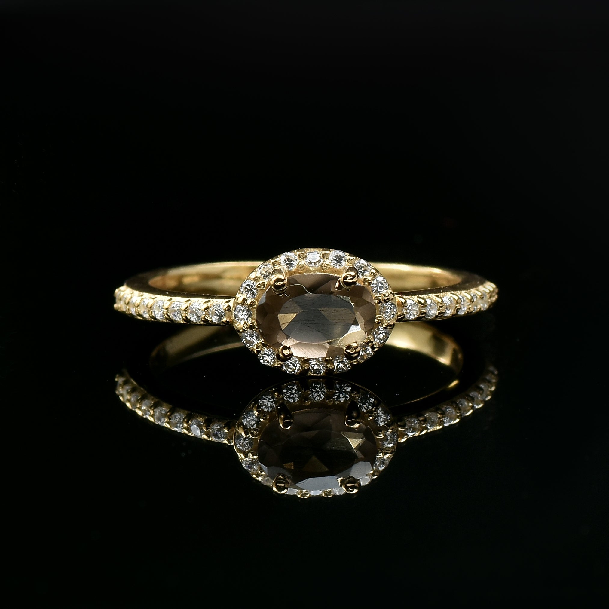 0.50 Ct 6×4 mm Oval Smoky Quartz Halo Ring 925 Sterling Silver Yellow Plated