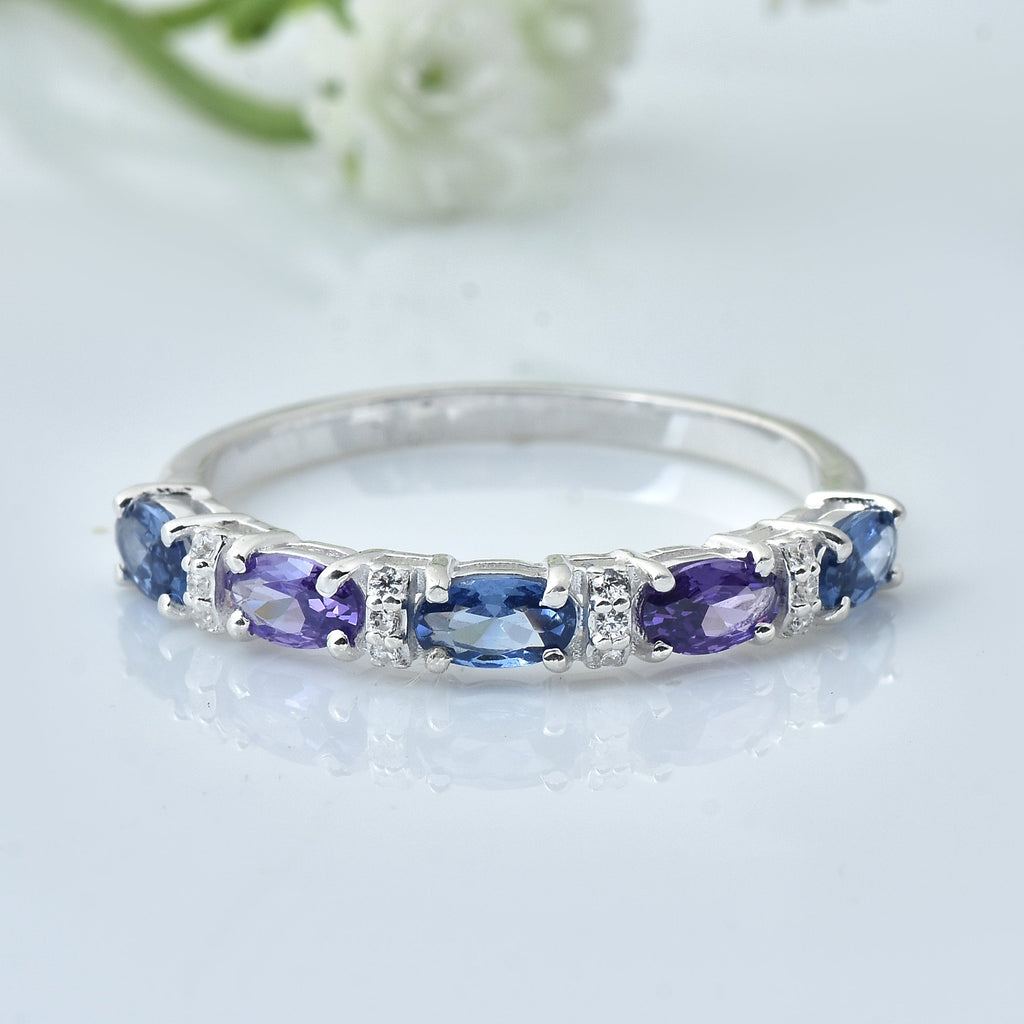 1.25 Ct Oval London Blue Topaz & Amethyst Half Eternity Ring 925 Sterling Silver