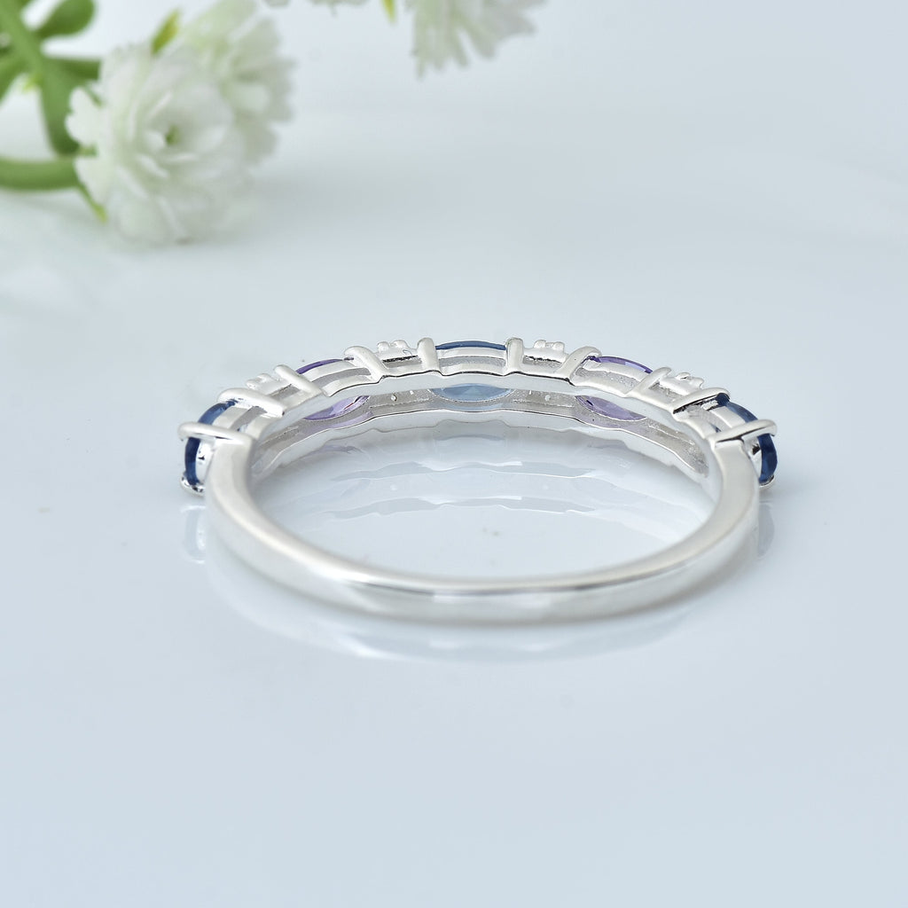1.25 Ct Oval London Blue Topaz & Amethyst Half Eternity Ring 925 Sterling Silver