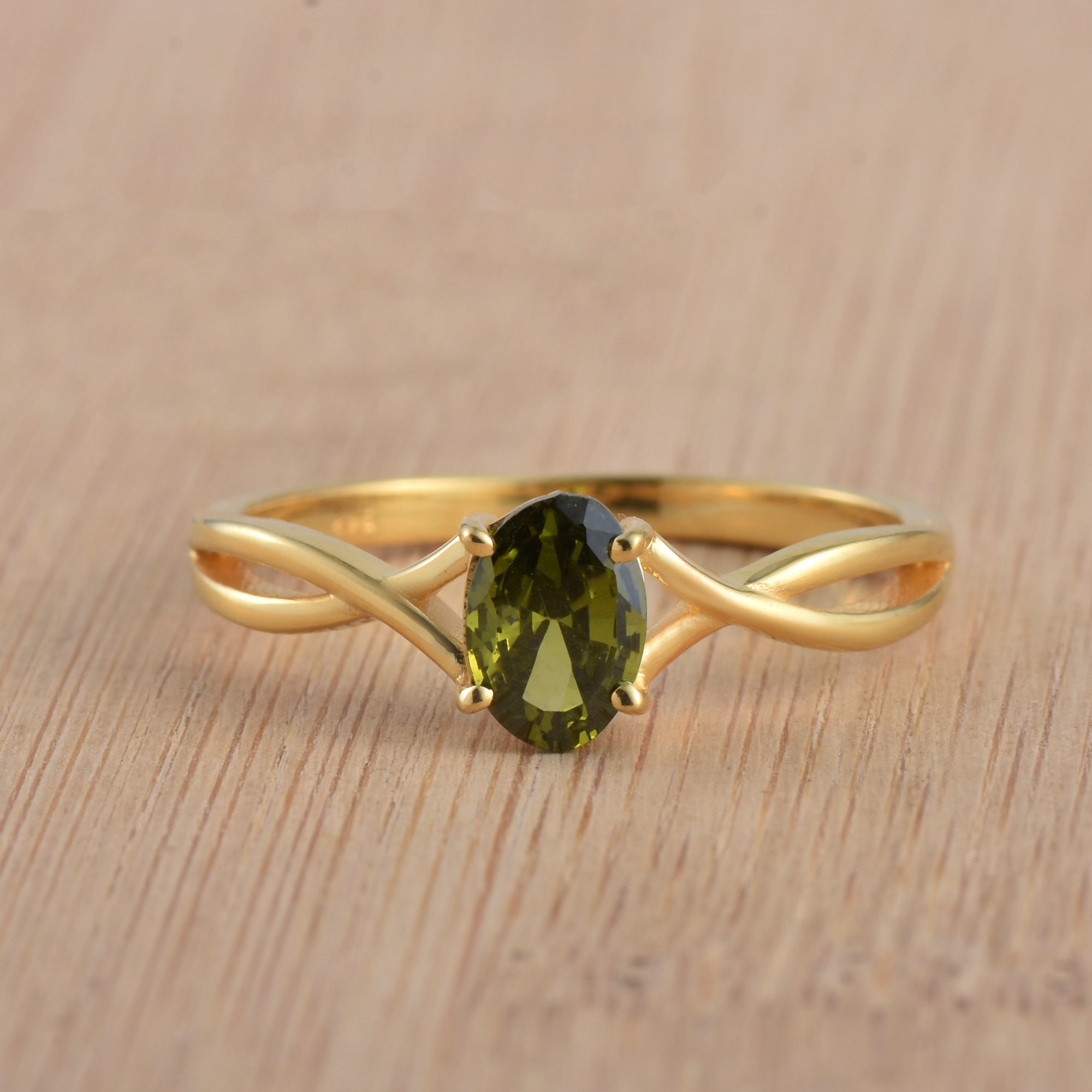 1.00 Ct Oval Peridot Solitaire with Twisted Split Shank Ring 925 Sterling Silver Yellow Plated