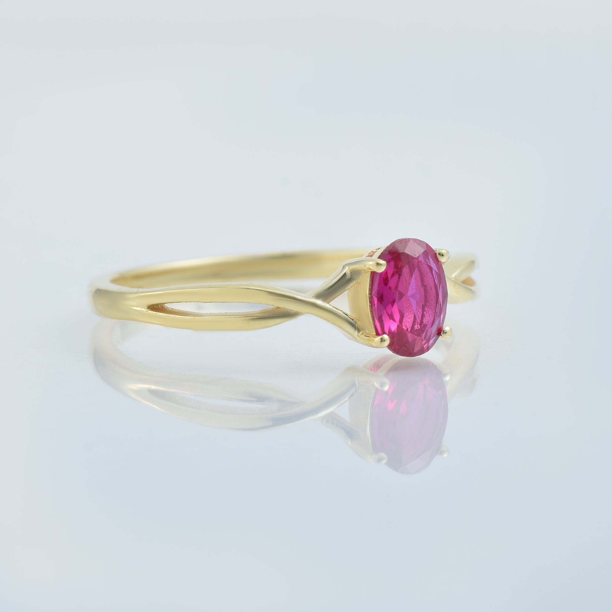 1.00 Ct Oval Ruby Solitaire with Twisted Split Shank Ring 925 Sterling Silver Yellow Plated