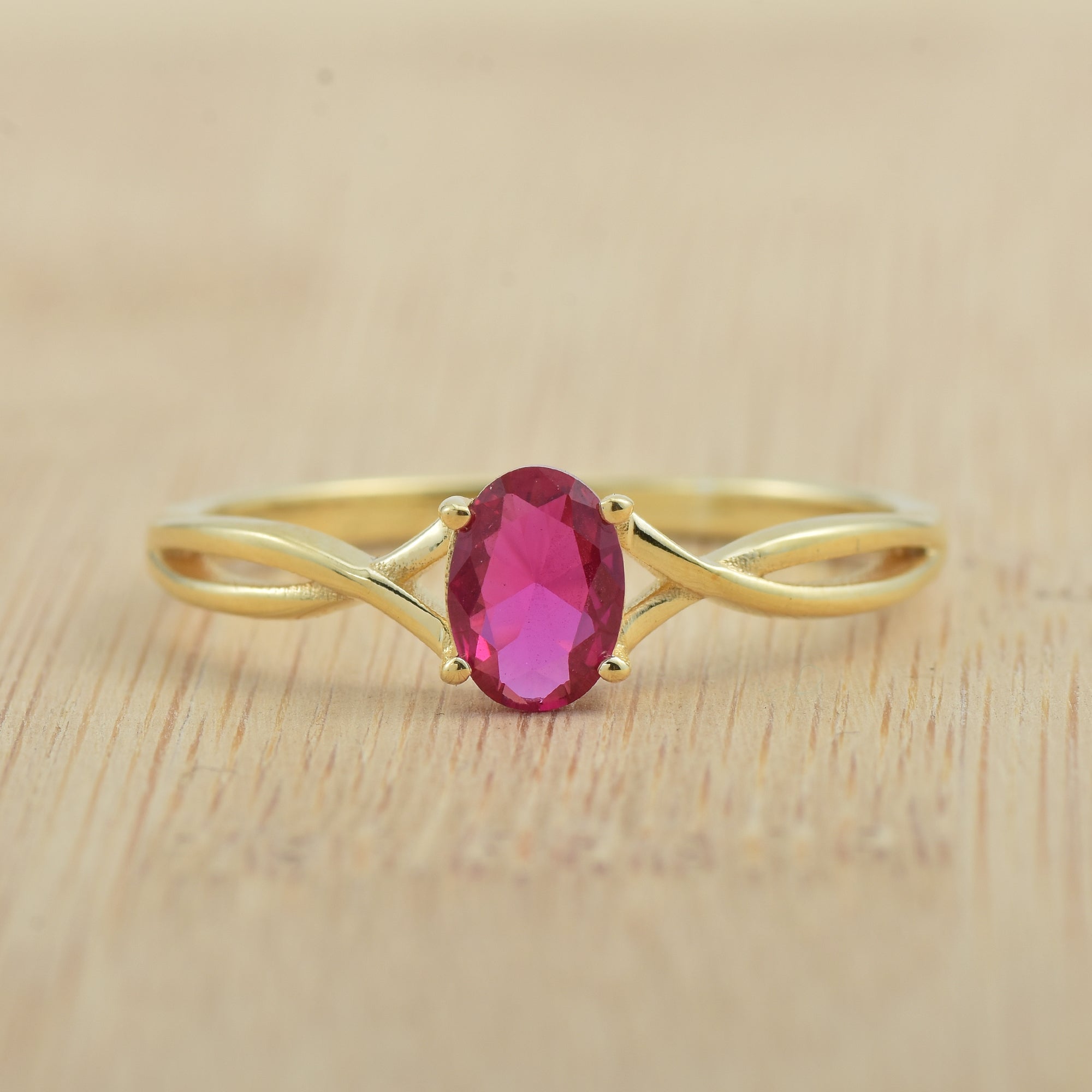 1.00 Ct Oval Ruby Solitaire with Twisted Split Shank Ring 925 Sterling Silver Yellow Plated