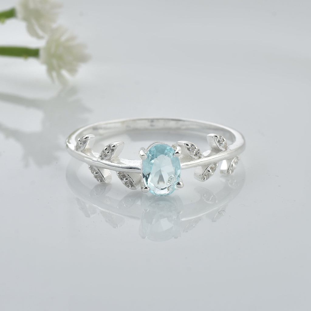 1.00 Ct Oval Swiss Blue Topaz Nature-Inspired Vintage Vine Ring 925 Sterling Silver