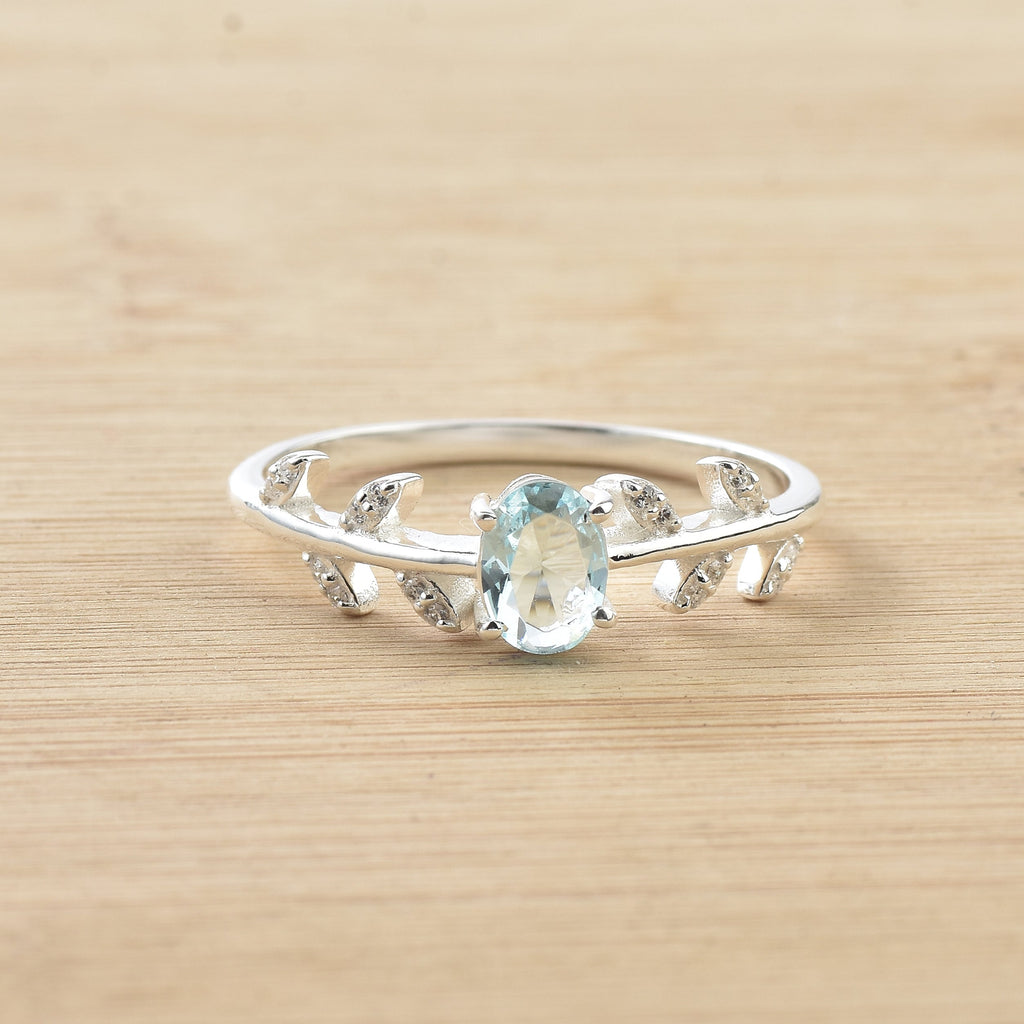 1.00 Ct Oval Swiss Blue Topaz Nature-Inspired Vintage Vine Ring 925 Sterling Silver