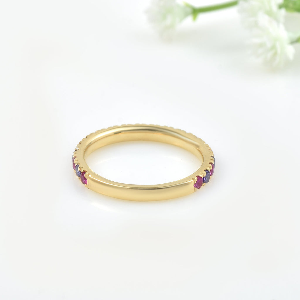 0.63 Carat Round Cut Ruby & Amethyst Eternity Ring 925 Sterling Silver Gold Plated