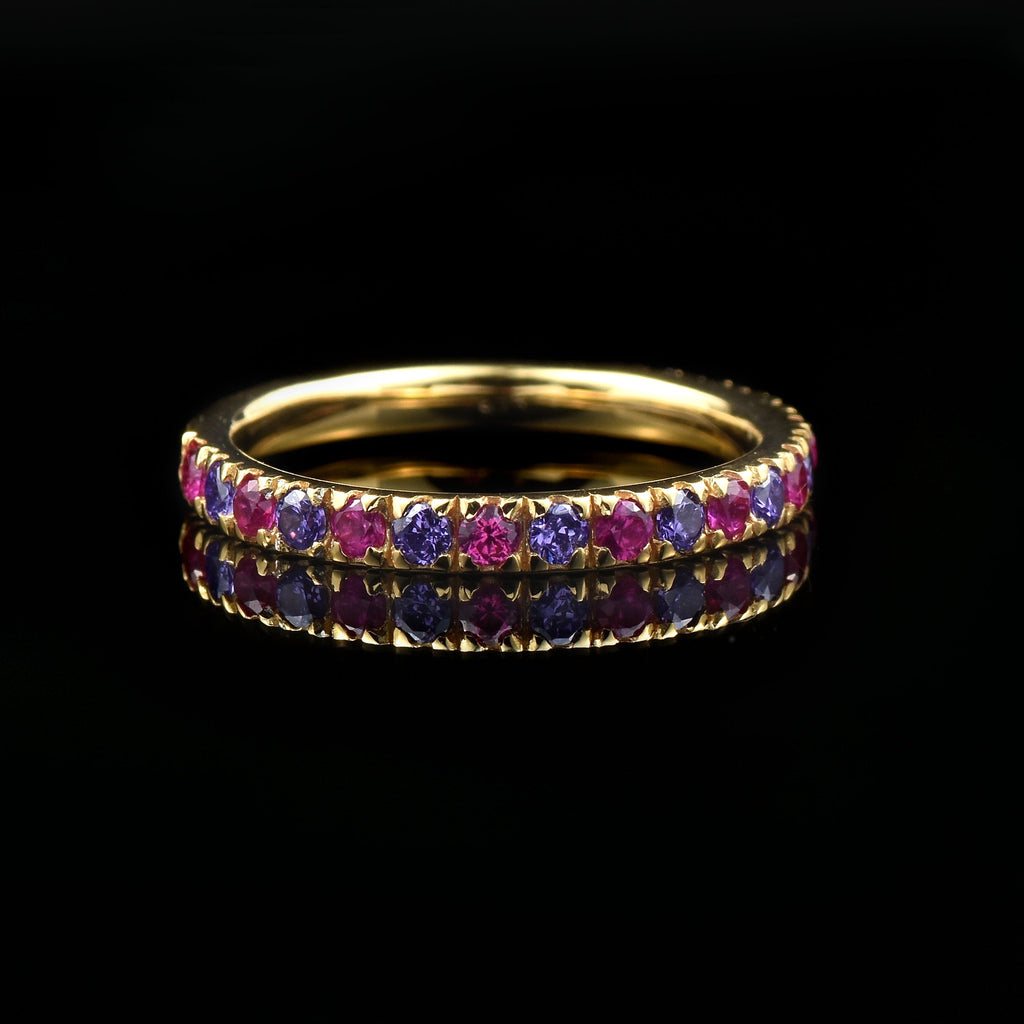 0.63 Carat Round Cut Ruby & Amethyst Eternity Ring 925 Sterling Silver Gold Plated