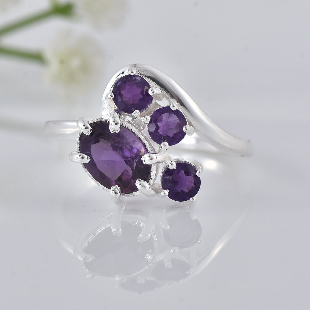 2.50 Carat Oval Shape Amethyst Cluster Ring 925 Sterling Silver