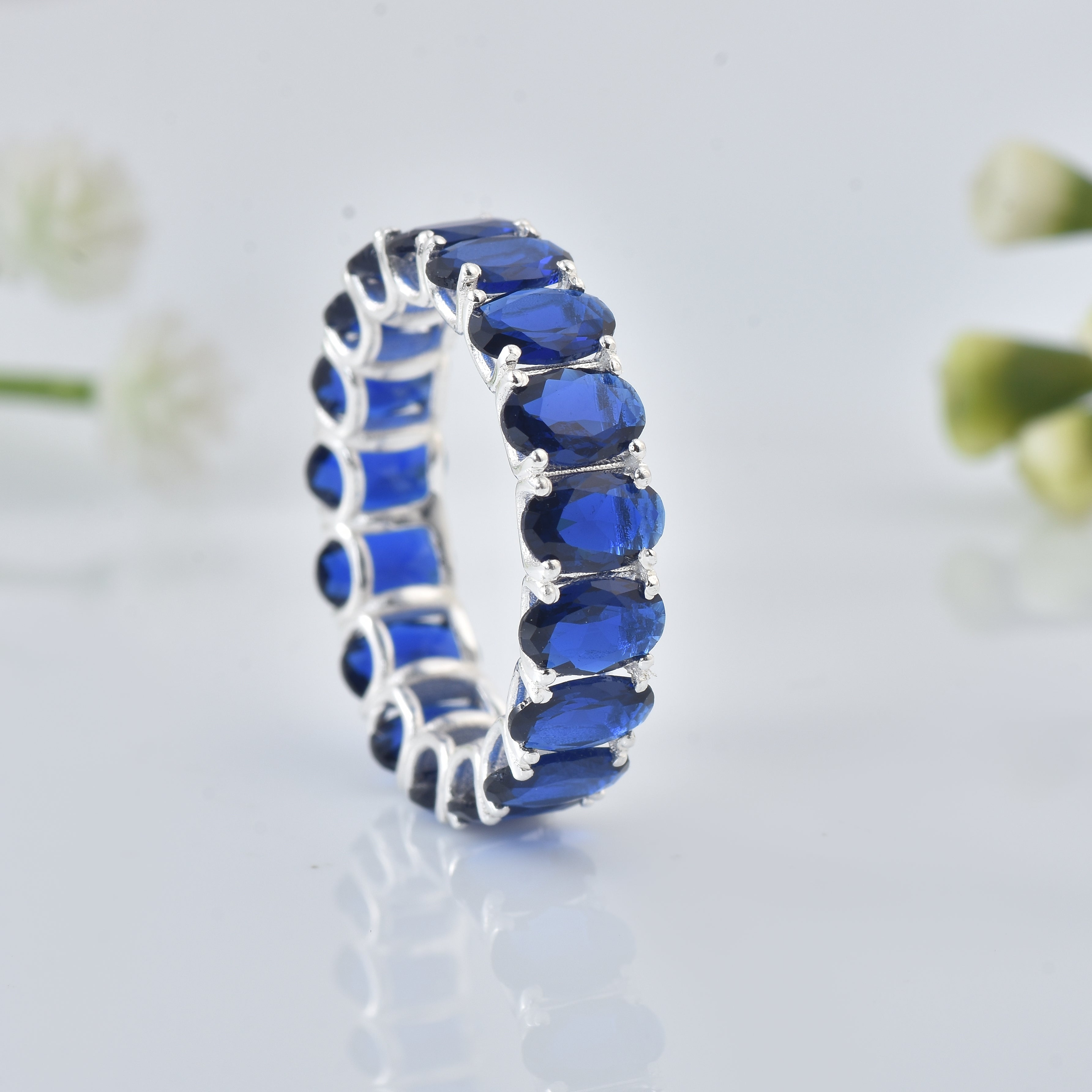 8.00 Ct Oval Blue Sapphire Eternity Band Ring 925 Sterling Silver