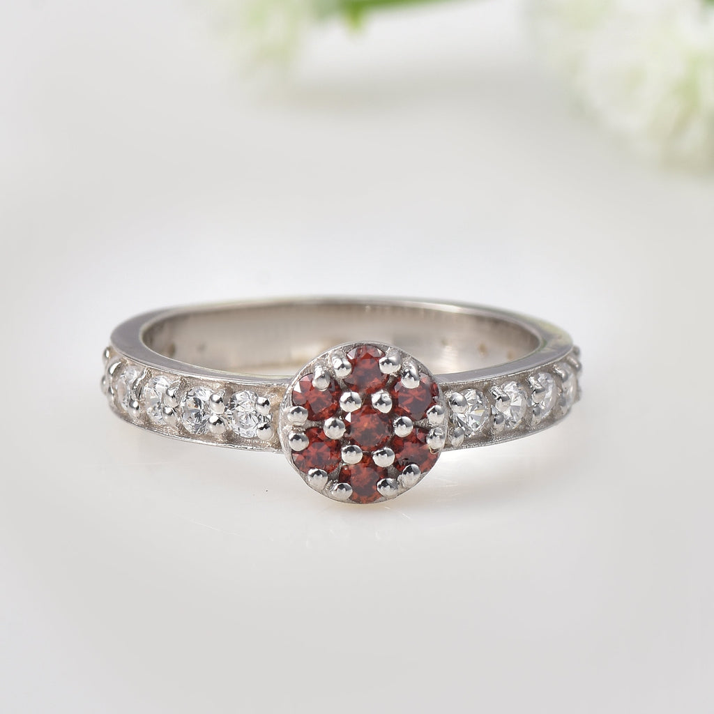0.21 Ct Round Garnet & White Topaz Cluster Ring 925 Sterling Silver