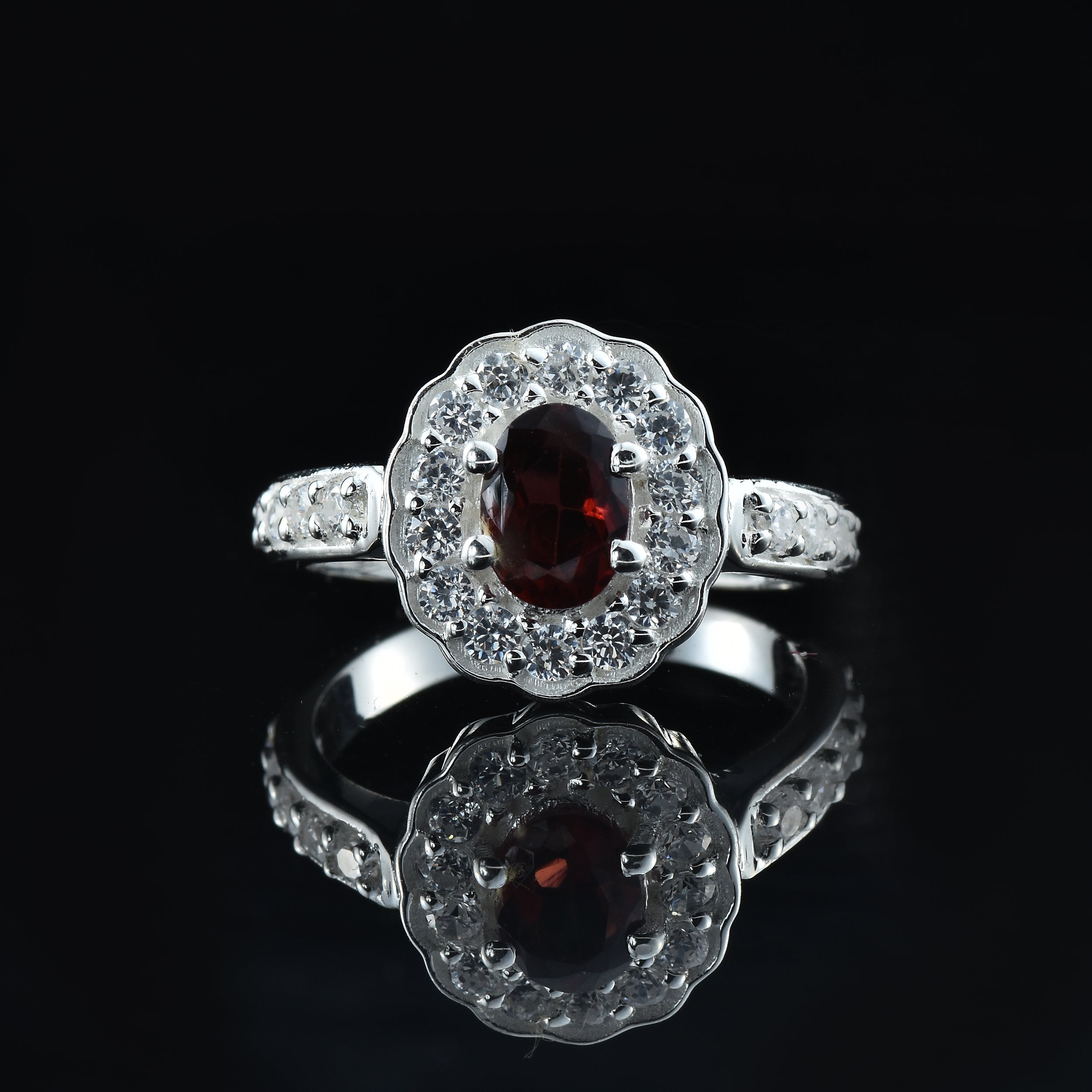 1.00 Ct Oval Rhodolite Garnet and CZ Halo Ring 925 Sterling Silver
