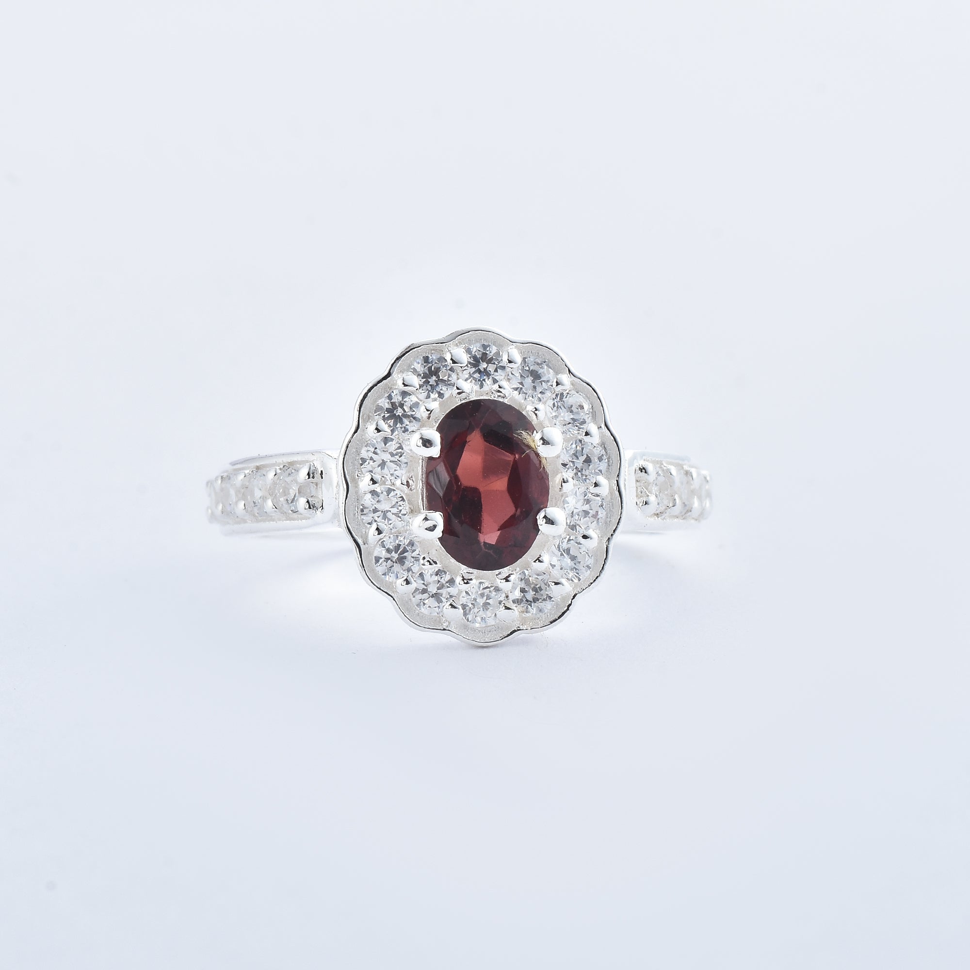 1.00 Ct Oval Rhodolite Garnet and CZ Halo Ring 925 Sterling Silver
