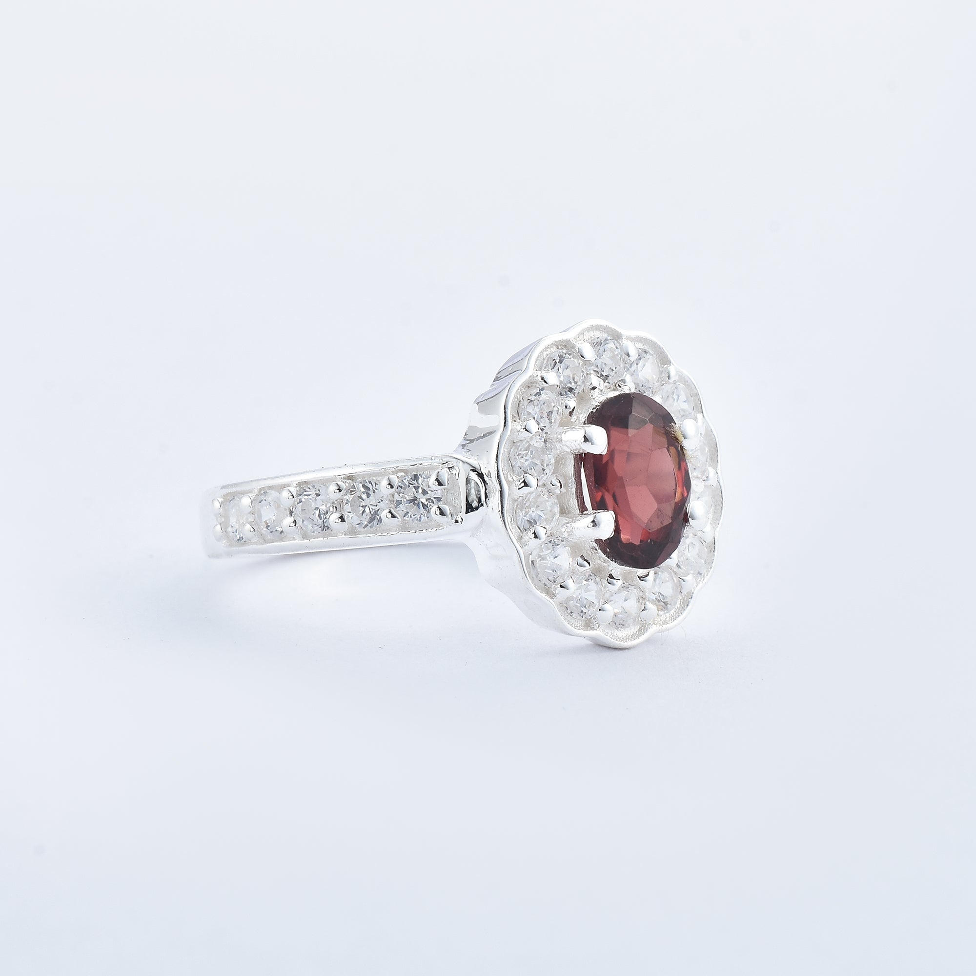 1.00 Ct Oval Rhodolite Garnet and CZ Halo Ring 925 Sterling Silver