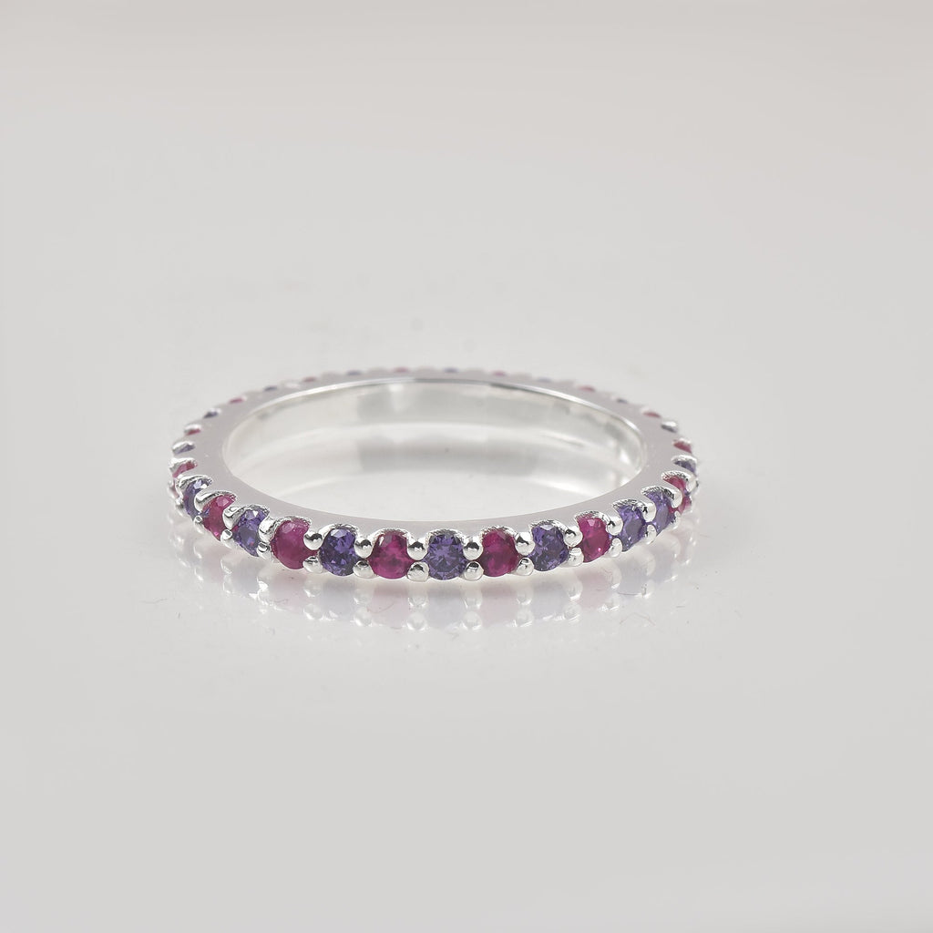 0.84 Ct Round Amethyst & Ruby Half Eternity Ring 925 Sterling Silver