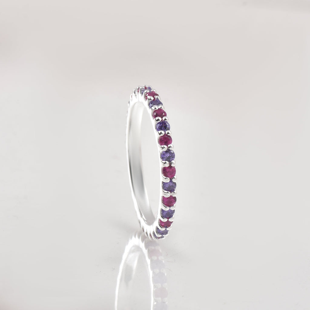 0.84 Ct Round Amethyst & Ruby Half Eternity Ring 925 Sterling Silver