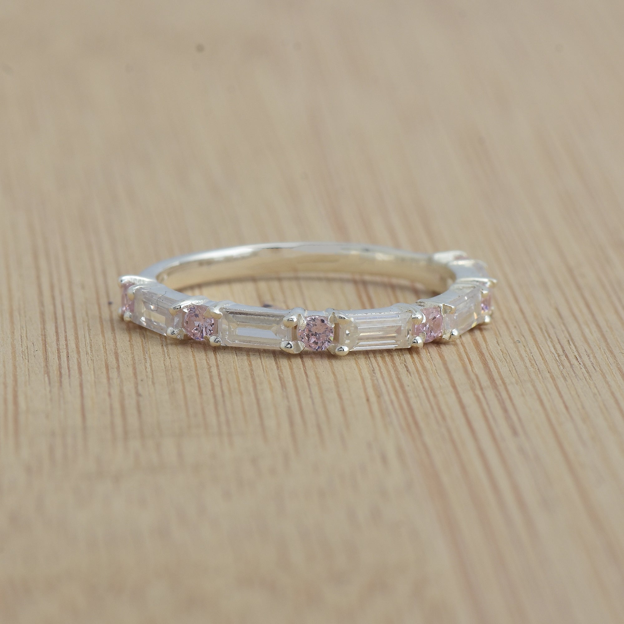 0.28 Ct Baguette Pink Topaz Eternity Band Ring 925 Sterling Silver
