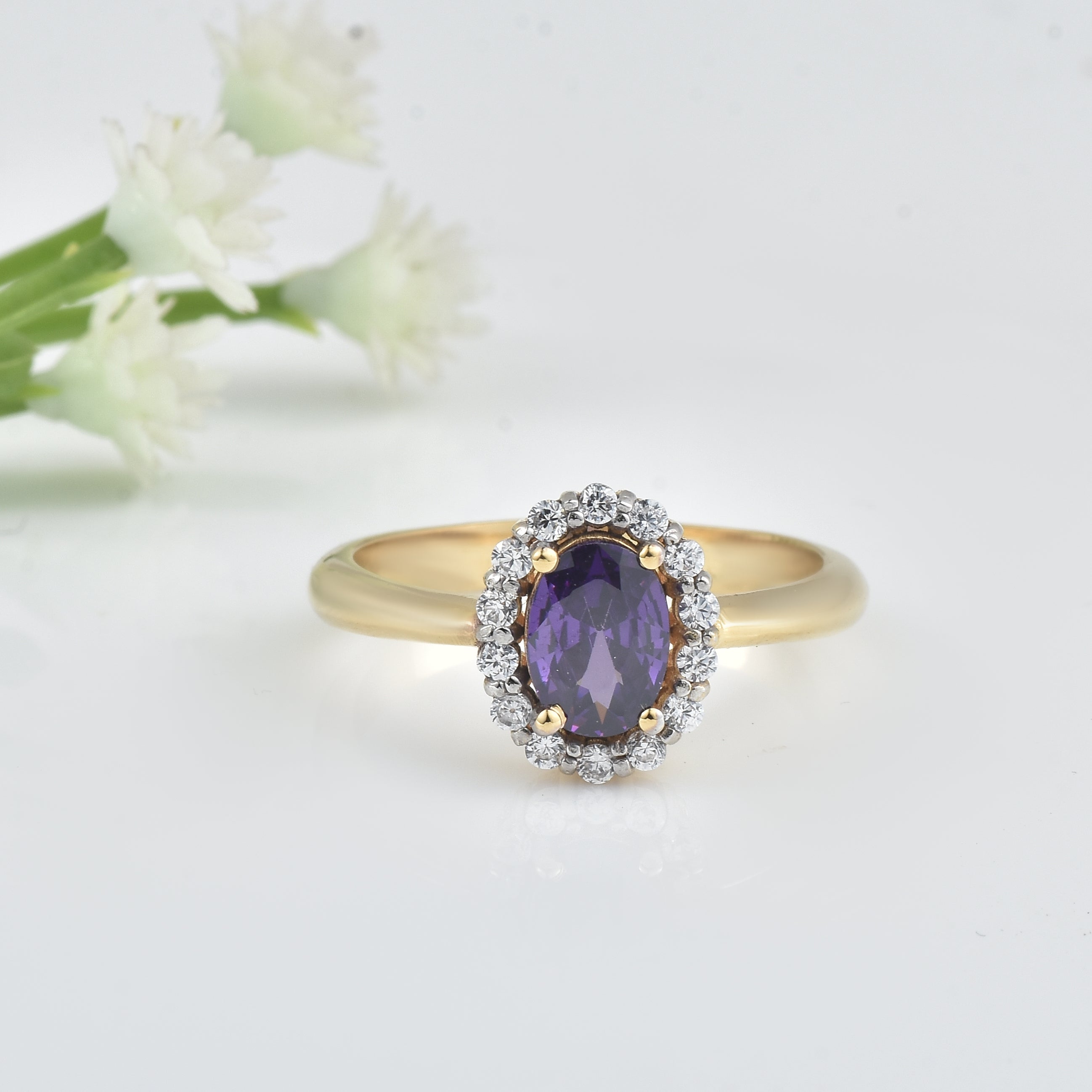 1.00 Ct Oval Shaepe Amethyst Halo Ring 925 Sterling Silver Gold Plated