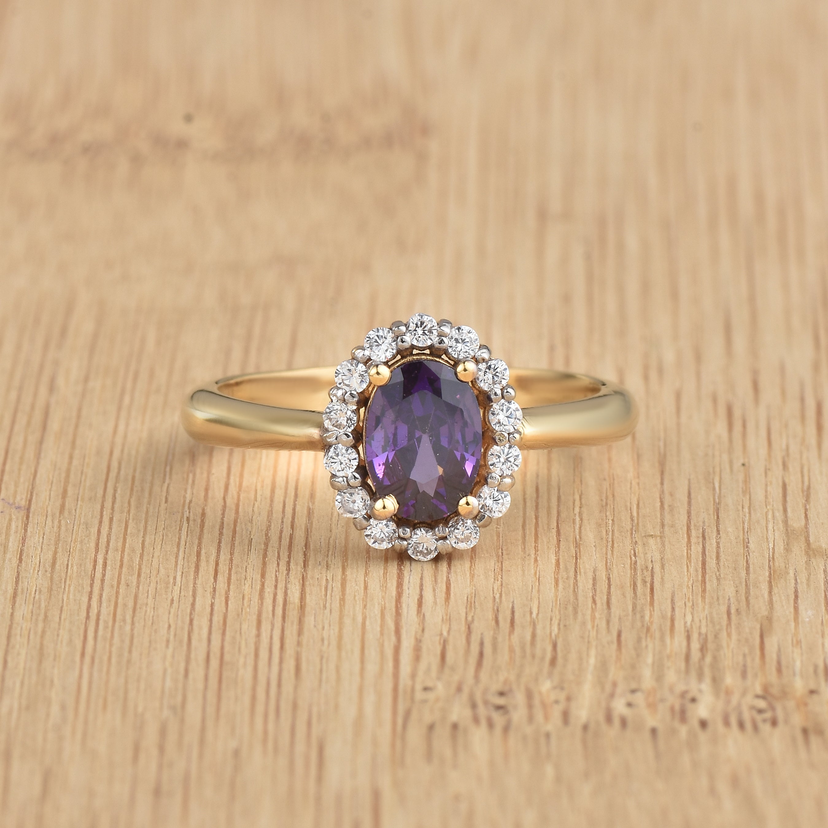 1.00 Ct Oval Shaepe Amethyst Halo Ring 925 Sterling Silver Gold Plated