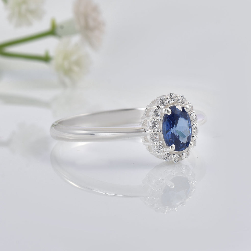 1.00 Ct Oval Shape Tanzanite Halo Ring 925 Sterling Silver