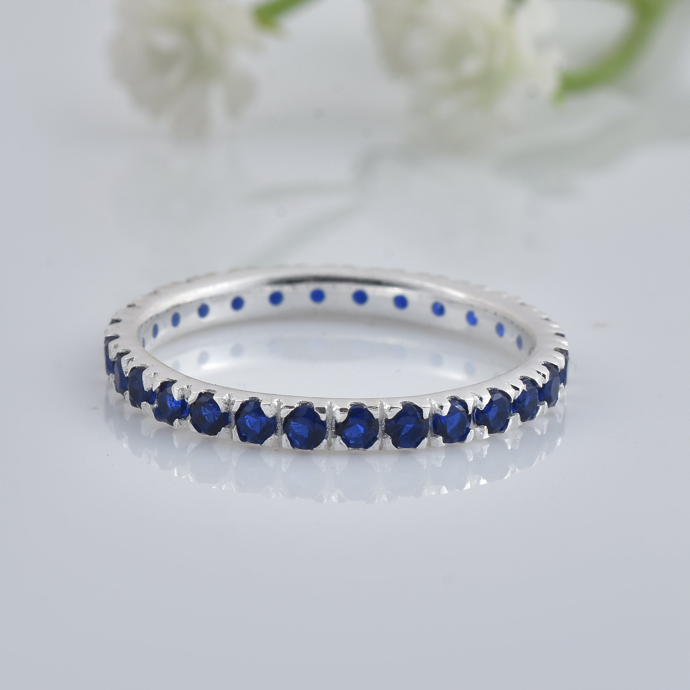 0.90 Ct Round Blue Sapphire Eternity Band Ring 925 Sterling Silver