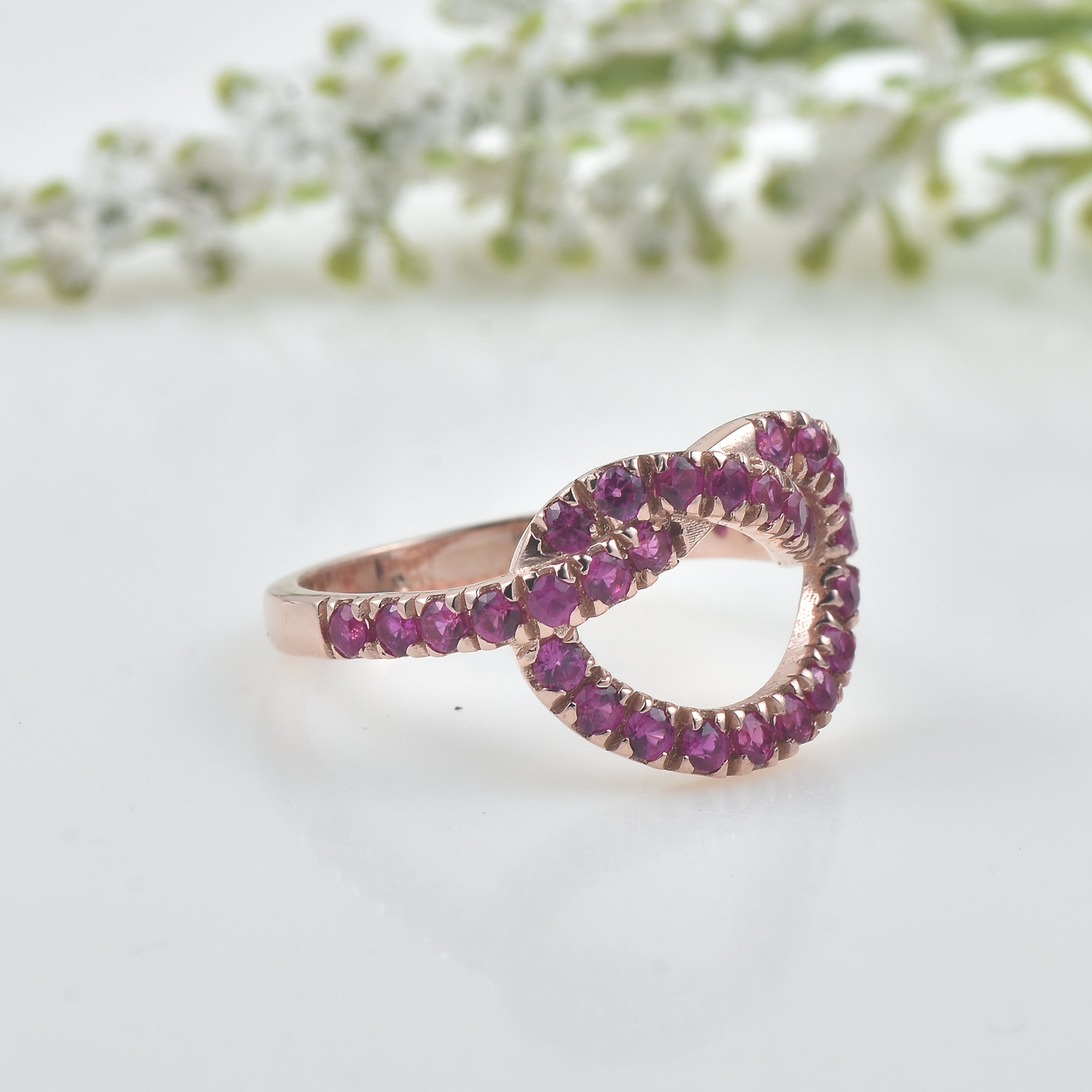 0.90 Ct Round Ruby Infinity Ring 925 Sterling Silver Rose Plated