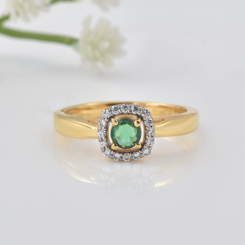 0.25 Ct Round Shape Emerald Halo Ring 925 Sterling Silver Gold Plated