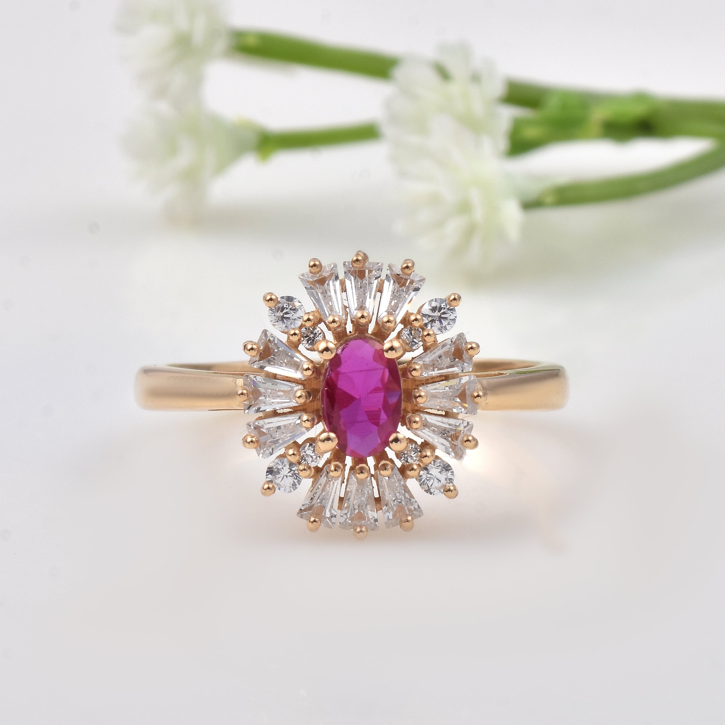 0.50 Ct Oval Ruby Halo Ring 925 Sterling Silver Yellow Plated