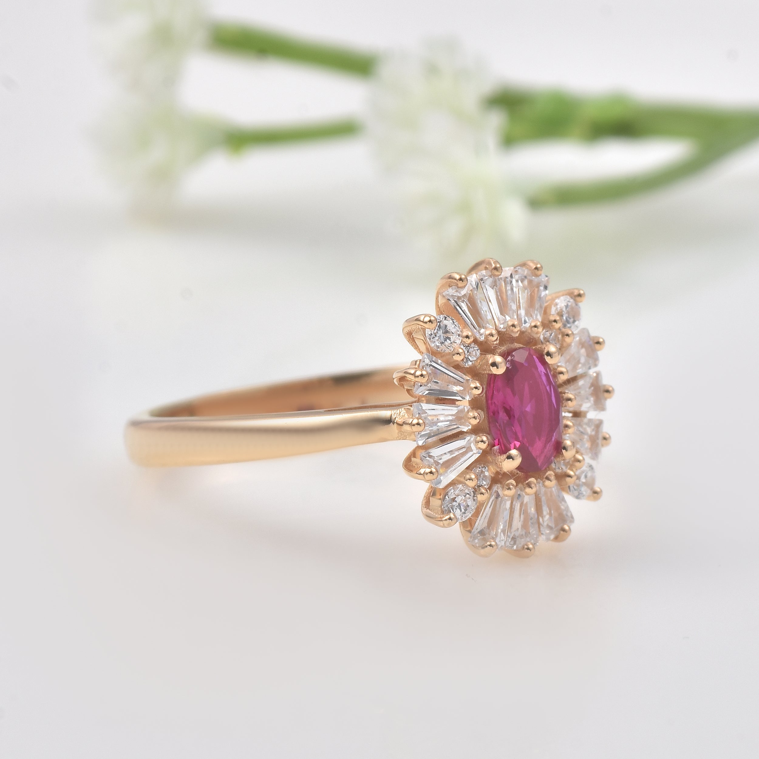 0.50 Ct Oval Ruby Halo Ring 925 Sterling Silver Yellow Plated