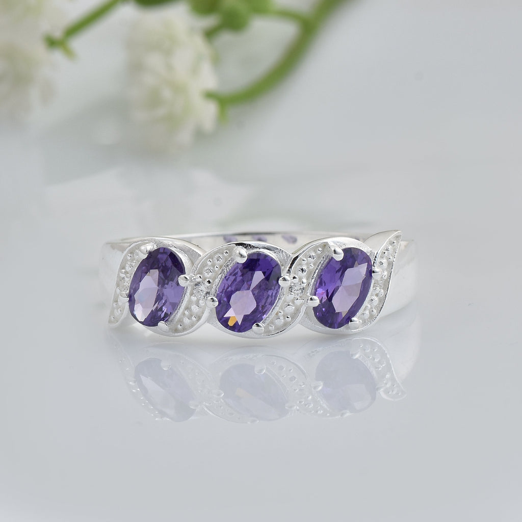 1.50 Ct Oval Shape Amethyst Three Stone Ring 925 Sterling Silver