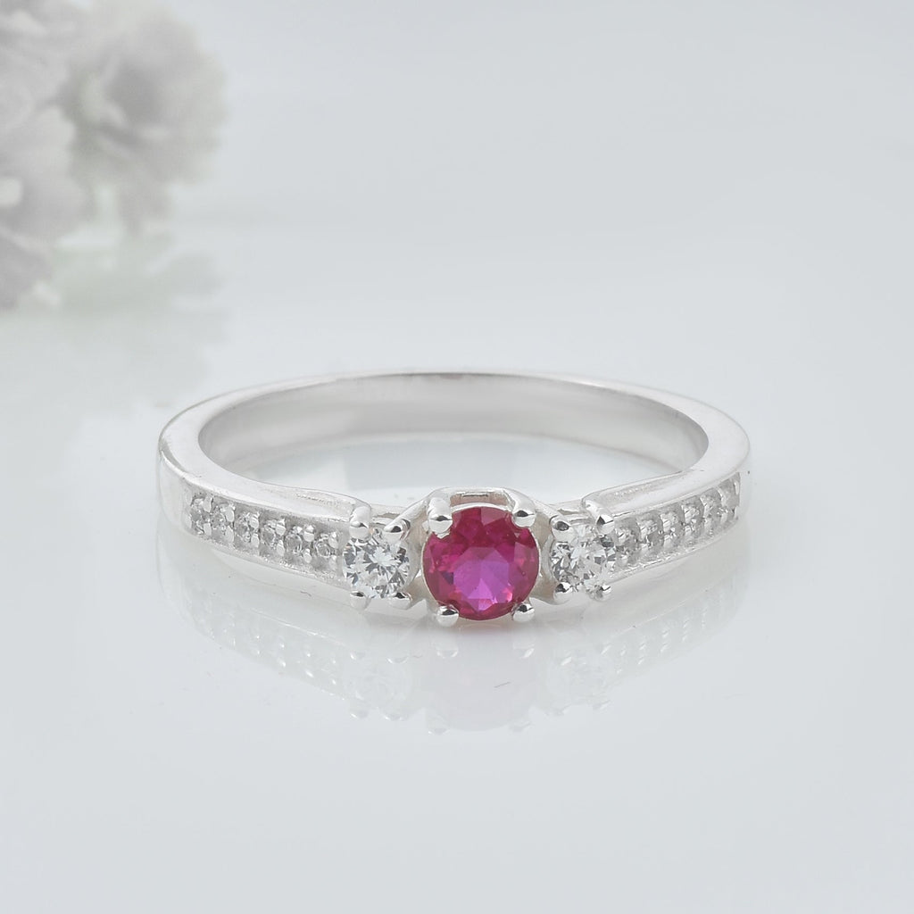 0.25 Ct Round Shape Ruby Three Stone Ring 925 Sterling Silver