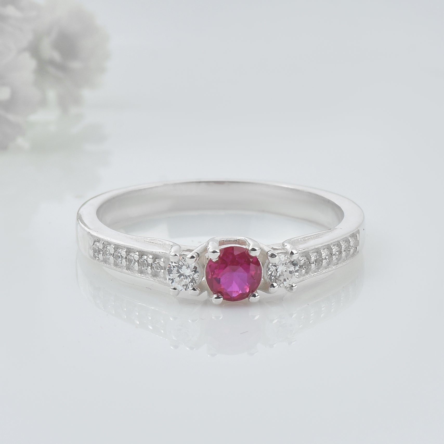 0.25 Ct Round Shape Ruby Three Stone Ring 925 Sterling Silver