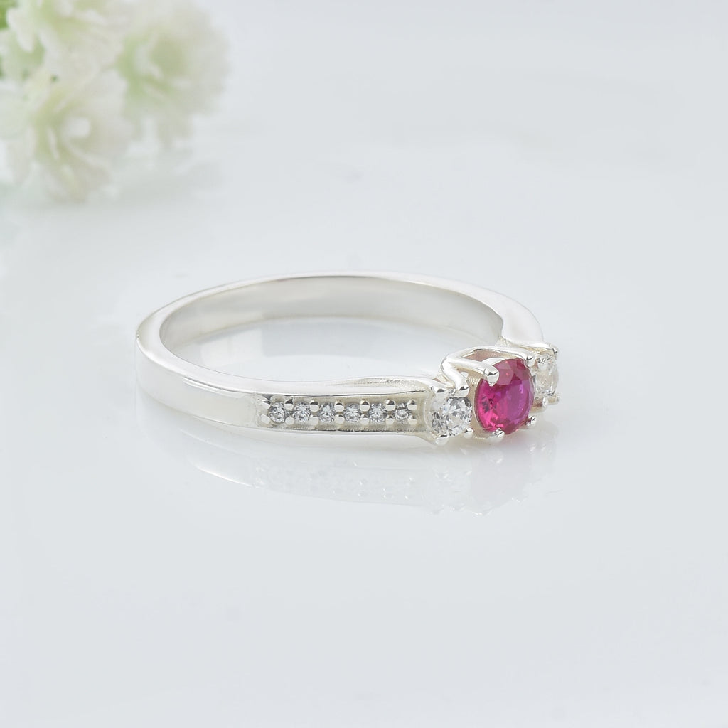 0.25 Ct Round Shape Ruby Three Stone Ring 925 Sterling Silver