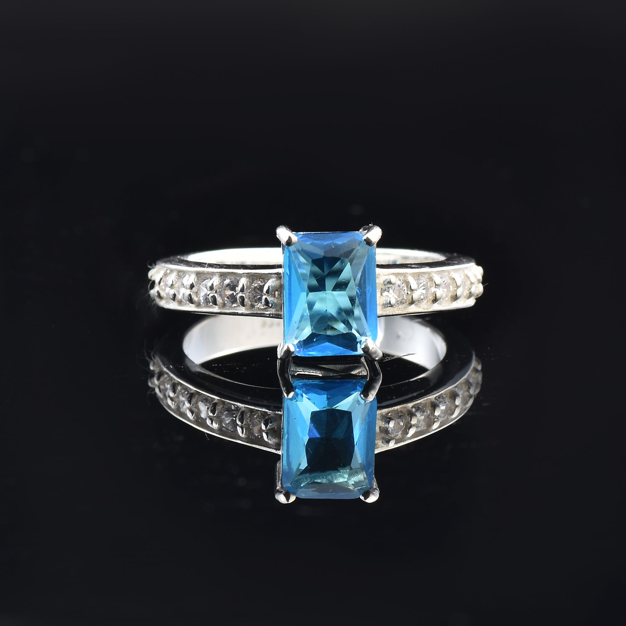 1.00 Ct Octagon Swiss Blue Topaz Solitaire with Accent Ring 925 Sterling Silver