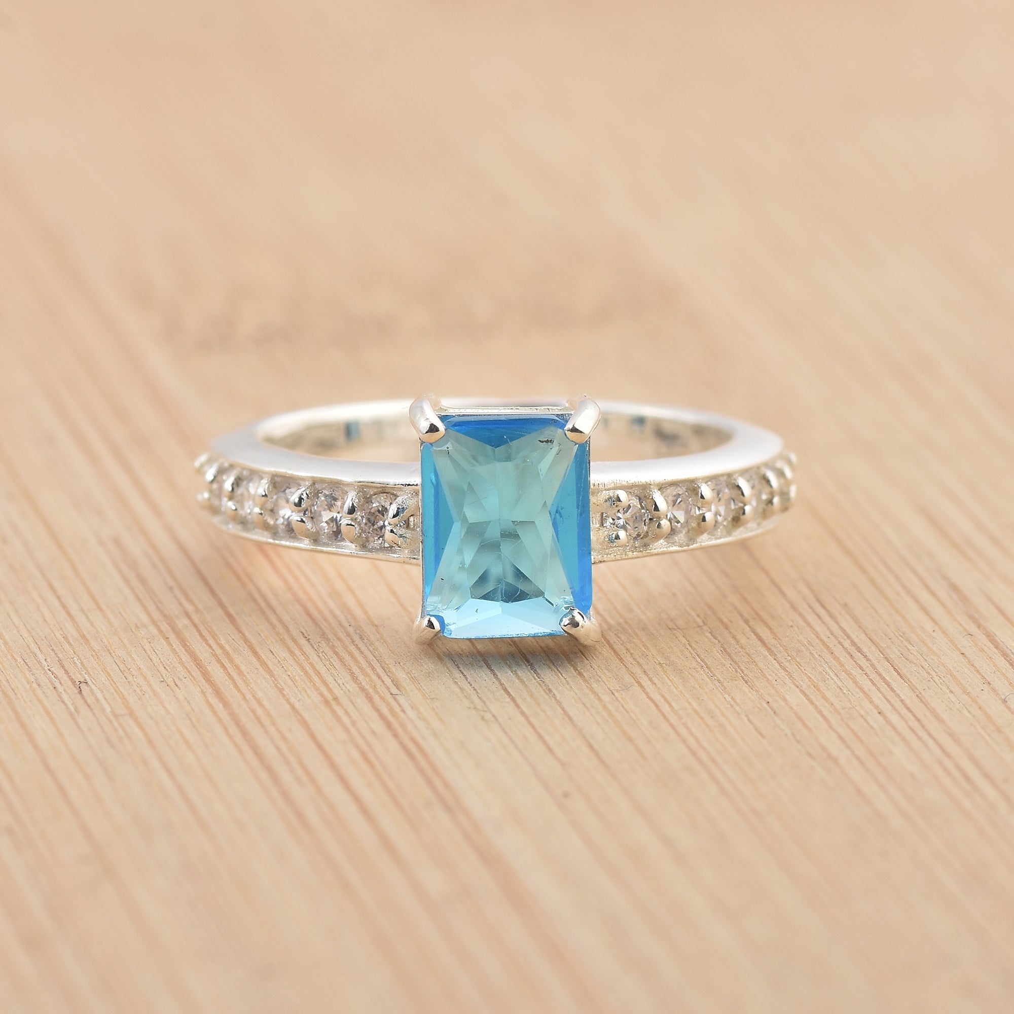 1.00 Ct Octagon Swiss Blue Topaz Solitaire with Accent Ring 925 Sterling Silver