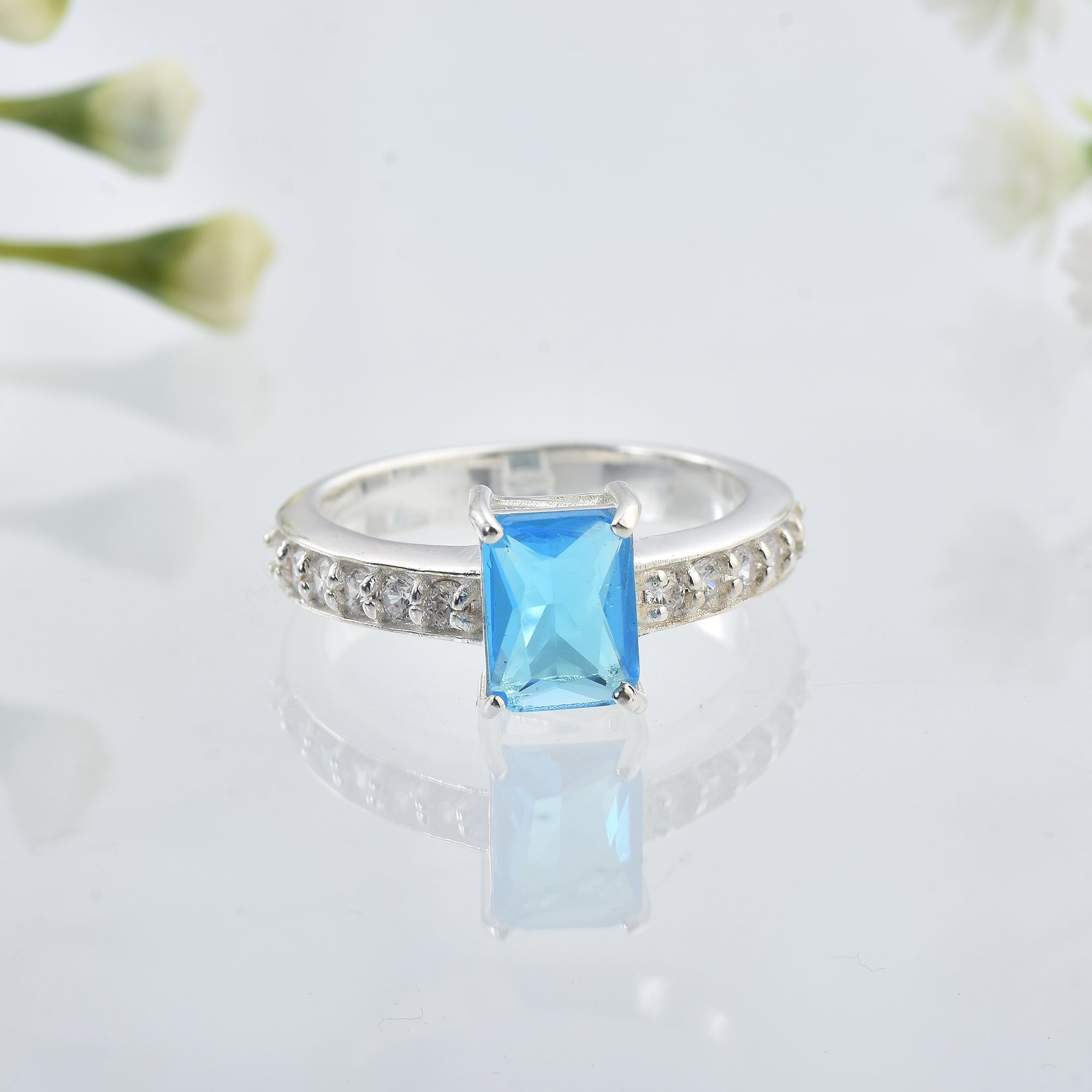 1.00 Ct Octagon Swiss Blue Topaz Solitaire with Accent Ring 925 Sterling Silver