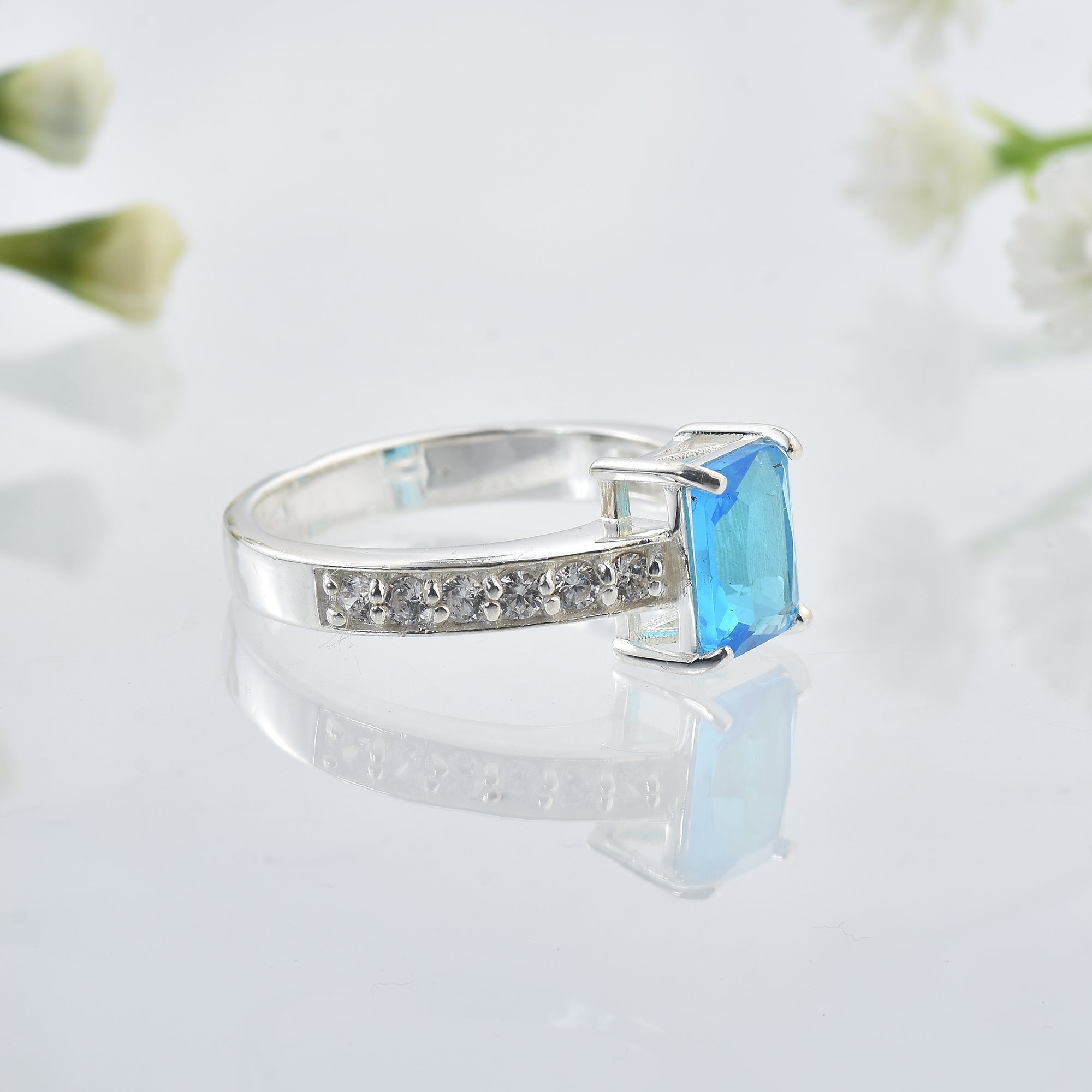 1.00 Ct Octagon Swiss Blue Topaz Solitaire with Accent Ring 925 Sterling Silver
