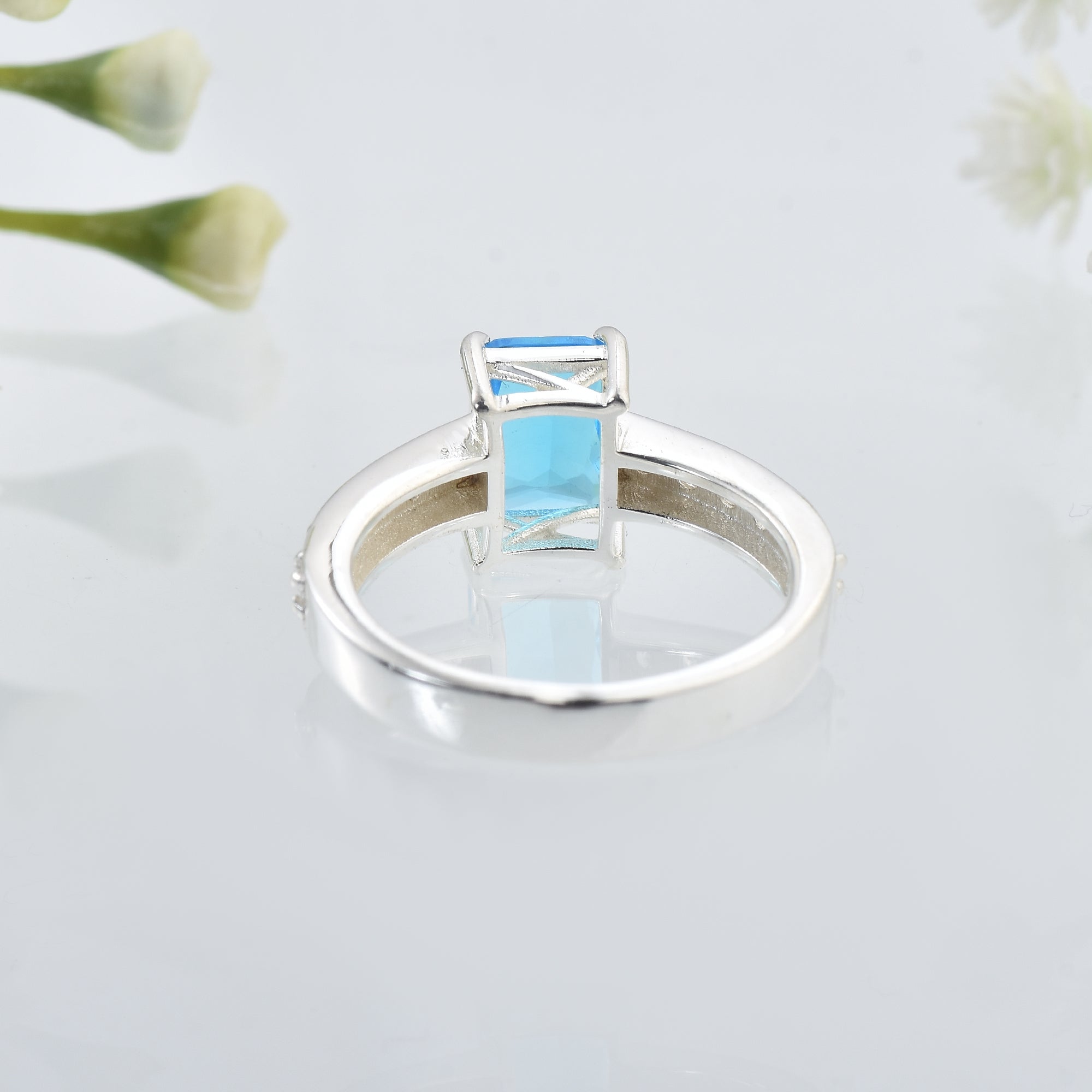 1.00 Ct Octagon Swiss Blue Topaz Solitaire with Accent Ring 925 Sterling Silver