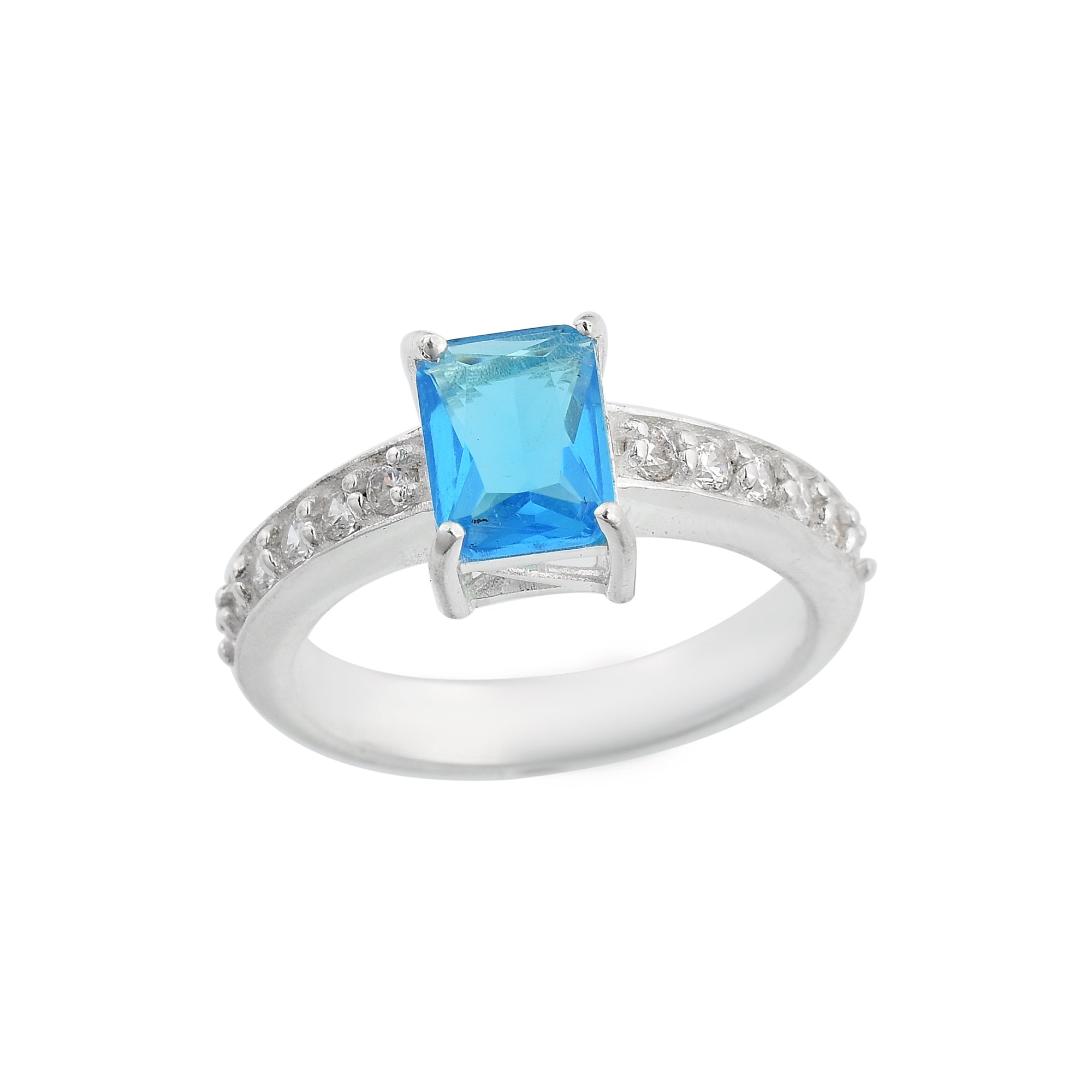 1.00 Ct Octagon Swiss Blue Topaz Solitaire with Accent Ring 925 Sterling Silver