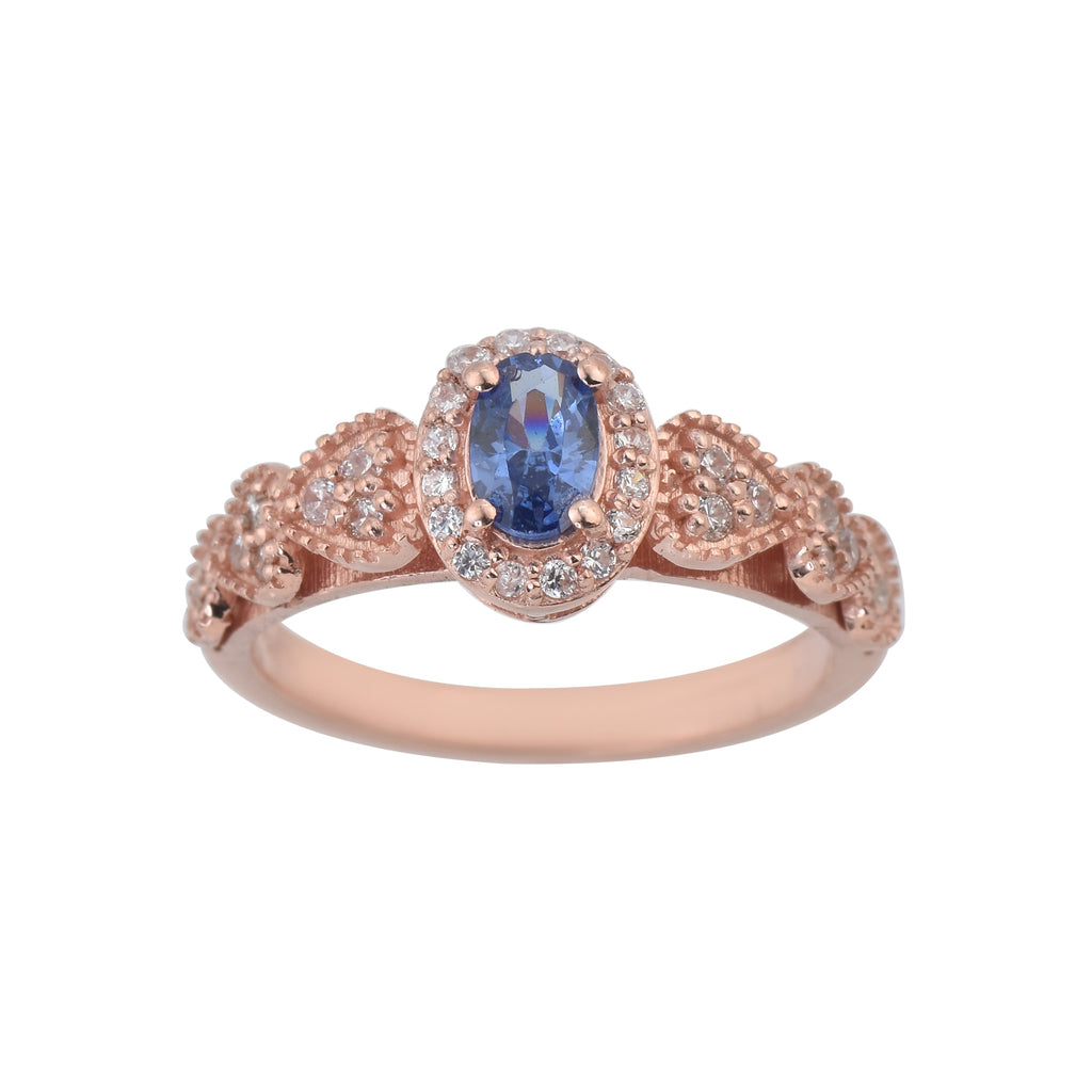 0.50 Ct Oval Shape Tanzanite Vintage Halo Ring 925 Sterling Silver Rose Plated